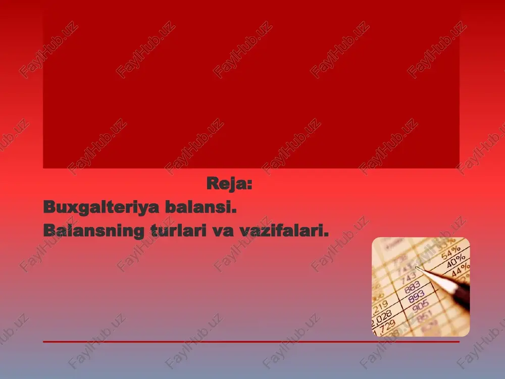hi, korxonaning daromadliligi va uning likvidliligi, oborot mablag'larning aylanishi, debitorlik va kreditorlik qarzlarning holati va uning dinamikasi o'rganiladi. buxgalteriya balansi yordamida korxonaning to'lov qobiliyati o'rganiladi, ya'ni korxona o'zining joriy aktivlar bilan joriy qarzlarini to'lash qobiliyati aniqlanadi. buxgalteriya balansining tengligini quyidagi tenglama ko'rinishida berish mumkin: aktiv = passiv, bunda, passiv xususiy kapital va majburiyatlardan iborat. aktivlar = xususiy kapital + majburiyatlar bu tenglik buxgalteriya hisobining fundamental asosi bo'lib hisoblanadi. balansning bir qancha turlari mavjud:- joriy balans – har oy yoki chorakda tuziladi; - yillik balans – yil yakuni bo'yicha tuziladi; - kirish balansi – yangi tuzilgan korxona tomonidan birinchi marta tuziladigan balans; - tugatish balansi – korxona tugatilishida tuziladigan oxirgi balansi; - yig'ma balans – vazirlik, idora, konsernlar tomonidan alohida tuzilgan balanslarni umumlashtirish natijasida tuziladi; umumlashgan (konsidasiyalashgan) balans – alohida balansga ega bo'lgan, iqtisodiy jihatdan bir-biri bilan bog'liq bo'lgan yuridik shaxslarning balansini bosh korxona tomonidan umumlashtirish natijasida tuziladigan balans; - balans-brutto …