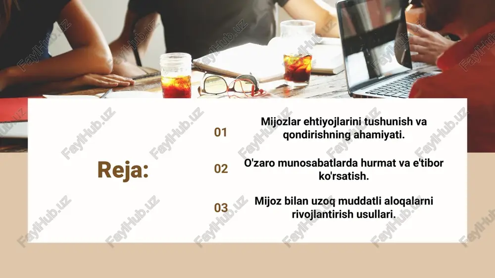 adi va daromad ko'payadi. bu nafaqat mijozlar bilan munosabatlarni mustahkamlaydi, balki biznesni global miqyosda o'sishga olib keladi. mijozlar bilan aloqalarni o'rnatish aloqalarni o'rnatish usullari mijozlar bilan aloqalarini o'rnatish uchun mijoz ehtiyojlarini tushunish va ularga mos xizmatlarni taklif qilish muhimdir. tadqiqotlar va misollar orqali bu jarayonni yaxshilash mumkin. uzoq muddatli aloqalarni rivojlantirish uzoq muddatli aloqalarni saqlash uchun mijozlarni tinglash va ulardan fikr olish kerak. strategiyalarni doimiy yangilab turish bu aloqalarni mustahkamlaydi. photo by timo wagner on unsplash photo by daniel zacatenco on unsplash mijozlar ehtiyojlarini aniqlash uchun metodlari. mijozlar ehtiyojlarini aniqlashda turli metodlardan foydalanish muhimdir. misollar sifatida so'rovlar, intervyular va fokus-guruhlar keltiriladi. mijozlarni tushunish biznes muvaffaqiyatiga erishish uchun zarurdir. tadqiqotlar orqali ushbu metodlardan qanday foydalanganini ko'rish mumkin. photo by chris barbalis on unsplash mijozlar bilan aloqalarning ta'siri mijozlar bilan mustahkam aloqalar o'rnatish biznes muvaffaqiyatining asosiy omillaridan biridir. ular sodiqlikni oshiradi va mijozlarni saqlashga yordam beradi, bu esa kompaniyaning uzoq muddatli muvaffaqiyatiga …