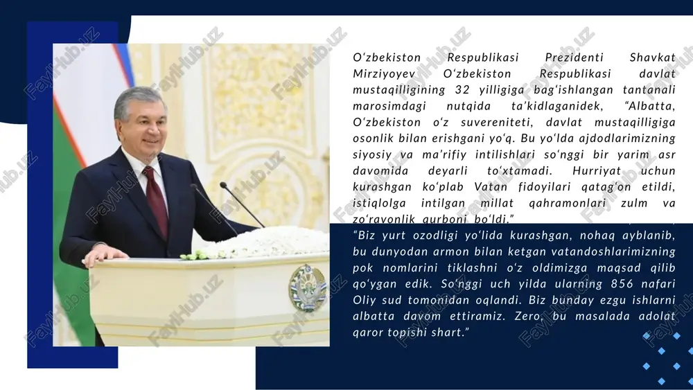 ardan ziyod 13 ming 1937-1953 yillarda o‘zbekistonda 100 ming odam qatag‘onga uchragani, ularning 13 ming nafari otib tashlangani yana bir bor yodga olindi. afsuski, tazyiqlar bu bilan cheklanib qolmagan. jadid bobolarimiz hayotini o‘rganish, nohaq qatag‘onga uchragan insonlar xotirasini abadiylashtirish bo‘yicha xayrli ishlar qilinayotgani ta’kidlandi. - bu borada adolatni tiklash bo‘yicha ko‘p ishlar qilyapmiz. tarixchi olimlar ishtirokida komissiyalar tuzildi, arxiv hujjatlari o‘rganilayapti. oxirgi ikki yilda o‘zbekiston oliy sudi 850 nafardan ziyod, bu yil 240 nafar ana shunday jabrdiyda vatandoshlarimizning nomini oqladi. bunday izlanishlarni hech qachon to‘xtatmasligimiz kerak. negaki haqiqatni xalqimiz bilishi kerak, - dedi shavkat mirziyoev. bu davrga oid tarix yangi topilayotgan hujjatlar va ashyolar bilan boyib bormoqda. qoraqalpog‘iston respublikasi, viloyatlar va toshkent shahri bo‘yicha “xotira” kitoblari tayyorlandi. ularga 40 mingga yaqin vatandoshimiz to‘g‘risidagi ma’lumotlar kiritildi. bu to‘plamlar yaqin vaqt ichida chop etiladi. qatag‘on qurbonlari xotirasini abadiylashtirish bo’yicha olib borilayotgan ishlar mahmudxo‘ja behbudiy, abdulla avloniy, ishoqxon ibrat, abdurauf fitrat, abdulhamid cho‘lpon, …