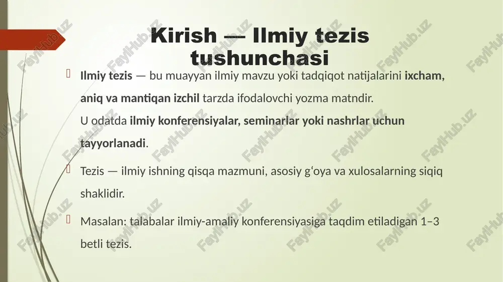 tadqiqotda kuzatuv, so‘rovnoma va tahliliy metodlardan foydalanildi. asosiy natijalar va tahlil bu qism tezisning markaziy qismidir. unda: olingan ilmiy natijalar bayon qilinadi; jadval, grafika yoki misollar orqali dalillar keltiriladi; natijalar ilgari mavjud bilimlar bilan taqqoslanadi. misol: o‘tkazilgan tajribalar natijasida sun’iy intellekt asosidagi test tizimi o‘quvchilar bilimini 15% ga oshirganligi aniqlandi. xulosa va tavsiyalar tezis yakunida quyidagilar qisqa, aniq tarzda yoziladi: tadqiqotdan olingan asosiy xulosa; amaliy ahamiyat — natijalar qayerda va qanday qo‘llanilishi mumkinligi; tavsiya — keyingi tadqiqot yo‘nalishlari. masalan: natijalar raqamli ta’lim platformalarida qo‘llanilishi mumkin. kelgusida tizimni boshqa fanlarga integratsiya qilish tavsiya etiladi. ilmiy tezis yozishda yo‘l qo‘yiladigan xatolar eng ko‘p uchraydigan xatolar: haddan tashqari uzun yoki mavzudan chetlashgan matn; ilmiy uslubga zid so‘zlar yoki hissiyotli ifodalar; dalil va tahlilning yetishmasligi; manbalarning keltirilmasligi; xulosaning umumiy yoki mavzuga mos bo‘lmasligi. tavsiya: tezisni yozishdan oldin reja tuzish, qisqartirish, va ilmiy uslubni saqlash zarur. /docprops/thumbnail.jpeg