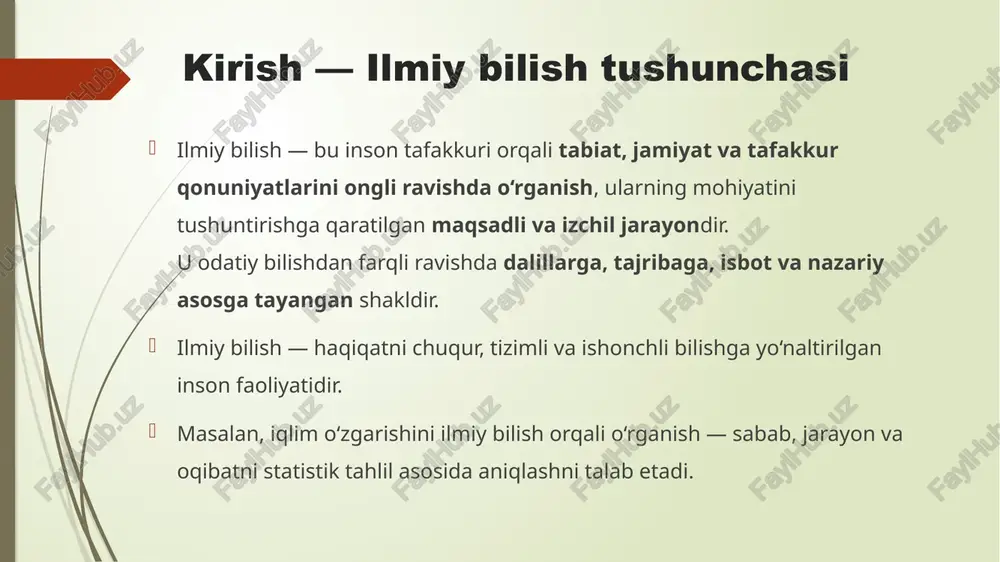har bir fanga xos bo‘lgan – matematik modellashtirish, statistik tahlil, eksperiment, sotsiologik so‘rov, kontent tahlil va boshqalar. metod — bu ilmiy bilishning “yo‘l xaritasi”, u to‘g‘ri natijaga eltuvchi tartib va usullar majmuasidir. ilmiy bilishning shakllari va natijalari ilmiy bilish quyidagi shakllarda namoyon bo‘ladi: faktlar — aniq kuzatuv natijalari; gipoteza — muammoga nisbatan ilmiy taxmin; nazariya — faktlar asosida ishlab chiqilgan tizimli bilimlar majmui; qonun — tabiat va jamiyatdagi barqaror bog‘liqlik ifodasi; model — murakkab jarayonni soddalashtirib tasvirlovchi vosita. natijada ilmiy bilish yangi texnologiyalar, innovatsiyalar va ijtimoiy islohotlarga zamin yaratadi. ilmiy bilishning metodologiyasi metodologiya — bu ilmiy bilishning uslublari, tamoyillari, qoidalari va yo‘nalishlarini o‘rganuvchi fandir. u “qanday bilish kerak?”, “qanday tahlil qilish kerak?” degan savollarga javob beradi. metodologiya turlari: umumfalsafiy metodologiya (dialektik yondashuv, tizimli tahlil); umumilmiy metodologiya (tajriba, kuzatish, modellashtirish); soha metodologiyasi (pedagogik, iqtisodiy, ijtimoiy metodlar). har bir ilmiy tadqiqot aniq metodologik asosga tayanmas ekan, natija ishonchli bo‘lmaydi. ilmiy bilishning asosiy …