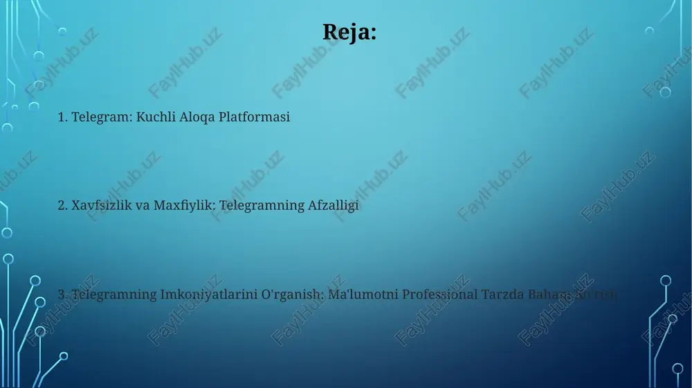 arish: keng auditoriya uchun muhokamalar yoki xabarlar tarqatish uchun guruh yaratish va boshqarish. telegramga kirish telegram - bu maxfiylik, xavfsizlik va tezligi bilan tanilgan xabar almashish dasturi. e'tiboringiz uchun rahmat @taqdimot_robot image3.jpg image4.jpg image5.jpg image6.jpg image7.jpg image8.jpg image9.jpg image10.jpg image11.jpg image2.png