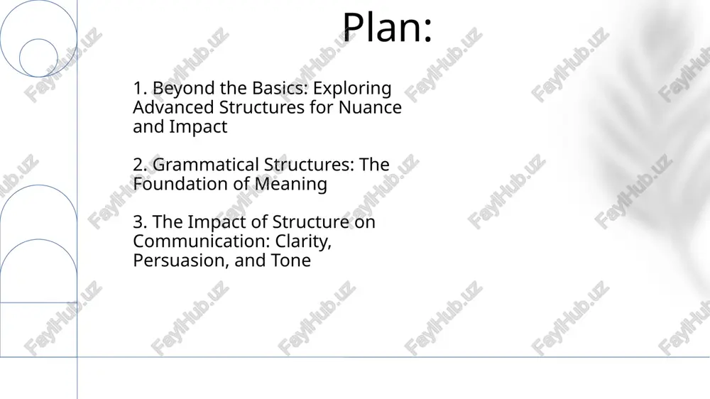 atical structures, like subject-verb agreement and noun phrases, ensure clarity and understanding in communication. different sentence types (declarative, interrogative, imperative, exclamatory) serve distinct purposes. 7. sentence structure and types effective communication through correct grammar: clarity, precision, and avoiding misunderstandings. understanding the building blocks of language: parts of speech, sentence structure, and word order. recognizing and applying grammatical rules for different communication styles: formal, informal, and specialized. 8. grammatical foundations grammatical structures influence meaning and clarity, impacting the effectiveness of communication. communication styles vary based on context, including formal, informal, and professional settings. the usage of specific structures like active and passive voice affects the tone and emphasis in a message. 9. communication styles and context thank you for your attention @taqdimot_robot image1.png image2.png image3.png image4.png image5.png image6.png image7.png image8.png image9.png image10.png