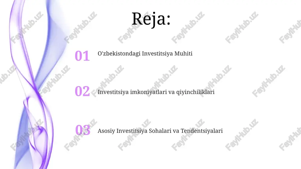 zbekistonda kapital to'plash, unumdorlikni oshirish va ish o'rinlari yaratish orqali iqtisodiy o'sishni rag'batlantiradi. o'zbekistonning iqtisodiy o'sish traektoriyasini tushunish va shakllantirish uchun investitsiya tendentsiyalarini, hukumat tashabbuslarini va makroiqtisodiy sharoitlarni tahlil qilish juda muhimdir. o'zbekistonning investitsiya dinamikasi hukumat siyosati, xususiy sektor ishonchi va moliyalashtirishga kirish imkoniyati kabi omillar tomonidan ta'sirlanadi. kelajakdagi istiqbollar va tavsiyalar investitsiya uchun asosiy sohalar: konchilik, qishloq xo'jaligi, turizm va ishlab chiqarish. o'zbekistonning investitsiya salohiyati kuchli, bu iqtisodiy islohotlar, infratuzilma rivojlanishi va yosh, o'sib borayotgan aholisi bilan bog'liq. hukumati xorijiy investitsiyalarni faol ravishda qidirmoqda, rag'batlantirish choralari va tartibga solish jarayonlarini soddalashtirmoqda. o'zbekistondagi investitsiya muhiti bürokratsiya, moliyalashtirishga cheklangan kirish va institutsional mustahkamlanishni yanada kuchaytirish zarurati kabi qiyinchiliklar mavjud. o'zbekistondagi investitsiya o'sishini iqtisodiy islohotlar, infratuzilma rivojlanishi va qulay tartibga solish muhiti ta'minlaydi. o'zbekistonning investitsiya muhiti energiya, konchilik va qishloq xo'jaligi kabi sohalarda imkoniyatlarni taklif etadi. tartibga solish doirası investitsiya dinamikasini tahlili: o'zbekistonda investitsiyalarni boshqaradigan tendentsiyalar, naqshlar va omillarni o'rganadi. investitsiya dinamikasi: …