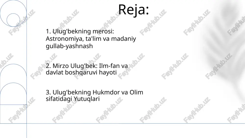 asida muhim asar bo'lib, yulduzlar va sayyoralar holatlarini aniq o'lchovlarini beradi. 6. ulugʻbekning astronomik jadvallari u ustun astronom va matematik boʻlib, bu sohalarni rivojlantirishga qoʻshgan hissasi bilan tanilgan. mirzo ulug'bekning merosi ilmiy va bilim dunyosini hali ham ilhomlantirib, ta'sir qilmoqda. mirzo ulug'bek ko'zga ko'ringan rahbar, buyuk davlat arbobi va mashhur olim edi. 7. mirzo ulug'bek: bir ko'zga ko'ringan yetakchi xv asr astronomiyasining durdonasi bo'lgan ulug'bek rasadxonasining qurilishi. ulug'bekning ilm-fan rivojiga bag'ishlanishi observatoriya dizayni va tadqiqotlarida yaqqol ko'rinadi. mirzo ulug'bek, kuzatuvchixona qurdirgan mashhur olimlar va davlat arbobi. 8. ulugh beg rasadxonasi qurilishi mirzo ulug'bek, madrasaning qurilishiga buyurtma bergan temuriylar sulolasi hukmdori va olimi edi. ulug'bek astronomiya, matematika va islom huquqi sohasidagi hissasi bilan mashhur edi. ulugʻbek madrasasi oʻzbekistonning samarqand shahridagi tarixiy islomiy maktabdir. 9. ulug'bek madrasasi ulug'bek mashhur astronom va matematik edi. uning astronomik jadvallari va yulduz katalogi juda aniq va ta'sirli edi. u samarqandda rasadxona qurdi, u ilm-fan markaziga aylandi. …