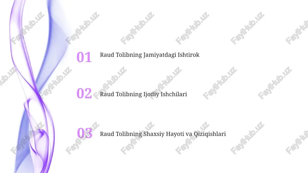 di, seminarlar, festivallarda va ommaviy o'qishlarda qatnashadi, adabiyotga muhabbat uyg'otadi va yosh yozuvchilarni ilhomlantiradi. u yangi adabiy iste'dodlarni qo'llab-quvvatlash va rivojlantirishga bag'ishlangan, aspirant yozuvchilarga mentorlik va resurslar taqdim etadigan adabiy tashkilotni tashkil qildi. raud tolibning jamiyatga ta'siri rauf tolibning asarlari ijtimoiy adolat, madaniy o'zlik va siyosiy tanqid mavzularini o'rganib, muhokamalar va xabardorlikni uyg'otdi. u jamoatchilik bilan ishlash dasturlarida faol qatnashdi, chekka qatlamdagi guruhlarni himoya qildi va ijtimoiy o'zgarishlarni targ'ib qildi. hamkorlik va sheriklik adabiy jurnallarda nashr etilgan, konferentsiyalarda taqdim etilgan va o'zining badiiy qarashlarini namoyish etadigan ko'rgazmalarda ishtirok etgan. madaniy identifikatsiya va ijtimoiy tanqidni o'rganuvchi loyihalar bo'yicha turli xil rassomlar va institutlar bilan hamkorlik qildi. avlodlarga ilhom baxsh etuvchi: meros va ta'sir 01 02 raud tolibning hissalari darsxonadan tashqariga ham cho'zilgan bo'lib, jamiyatlarga ijtimoiy faoliyat, madaniy merosni saqlash va gumanitar ish kabi turli sohalarda charchoqsiz mehnati orqali ta'sir ko'rsatadi. tolibning chekka qolgan jamoalarni kuchlantirish va harakatlari hamda himoyasi orqali kelajak …