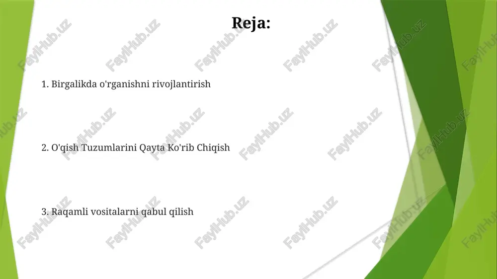 aqin senariylar orqali jalb qilish. shaxsiylashtirilgan o'quv yo'llari: har bir o'quvchining ehtiyojlari va yutuqlariga qarab moslashtirilgan kontent. sun'iy intellekt (si) ta'limda shaxsiylashtirilgan o'qitish: ai har bir talabaning ehtiyojlari va sur'atiga moslashtirilgan o'quv yo'llarini yaratadi. avtomatlashtirilgan baholash va fikr-mulohaza: sun'iy intellekt baholashni tezlashtiradi va tezkor tushunchalar beradi. adaptive learning platformlari: ai talabaning natijalariga qarab qiyinchilik va mazmunni sozlaydi. o'yinlashtirish va o'rganish o'yinlashtirish o'quvchilarni rag'batlantirish va jalb qilish uchun o'yin mexanizmlaridan foydalanadi. asboblarga o'quv boshqaruv tizimlari, o'yinlashtirilgan ilovalar va interaktiv simulyatsiyalar kiradi. innovatsion usullar shaxsiy o'quv yo'llari, simulyatsiyalar va virtual haqiqatni o'z ichiga oladi. virtual realiti va kengaytirilgan realiti ta'limda sho'ng'uvchi o'quv muhitlari: vr va ar qiziqarli va interaktiv o'quv tajribalarini yaratishi mumkin. shaxsiylashtirilgan o'qitish: vr va ar har bir talabaning ehtiyojlariga moslashtirilgan o'qitish yo'llarini taqdim etishi mumkin. interaktiv simulyatsiyalar va tajribalar: vr va ar talabalarga haqiqiy hayotdagi vaziyatlarni mashq qilish va amaliy tajriba orttirish imkonini beradi. o'quv uchun baholash va shakllantiruvchi …