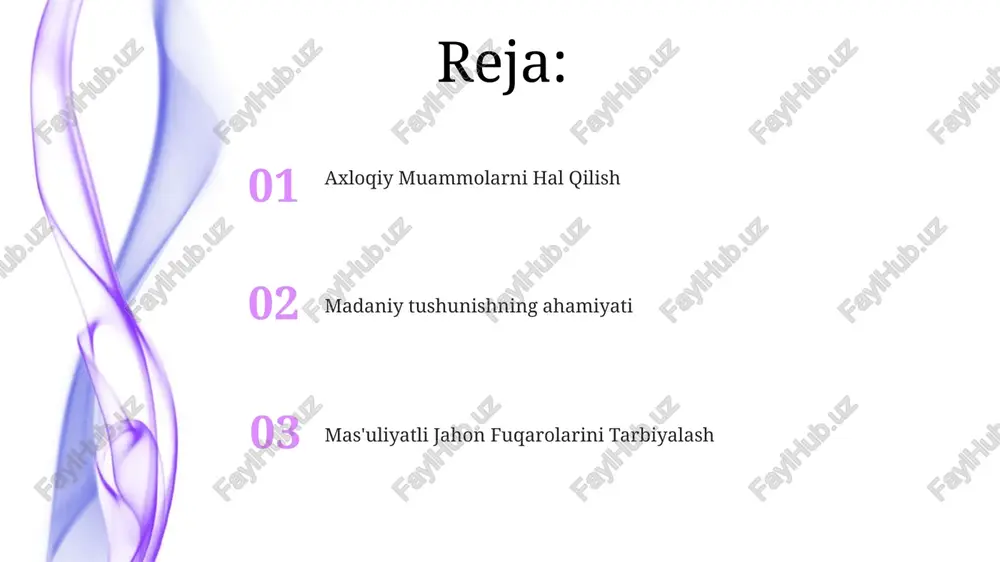 lobal miqyosdagi muammolar, ijtimoiy adolat va o'zaro bog'liqlik haqida xabardorlikni oshiradi, bu esa shaxslarni tobora xilma-xil va o'zaro bog'liq dunyoda mas'uliyatli fuqarolar bo'lishga tayyorlaydi. madaniy va axloqiy ta'lim tushunish va bag'rikenglikni oshiradi: turli madaniyatlar va qadriyatlarga nisbatan mehr-oqibat va hurmatni rivojlantiradi, nizo va xurofotni kamaytiradi. madaniy va axloqiy ta'limni aniqlash axloqiy xulqni va mas'uliyatli fuqarolikni targ'ib qilish. tanqidiy fikrlash va qaror qabul qilish ko'nikmalarini rivojlantirish. hamdardlik va rahm-shafqat madaniy va axloqiy ta'lim turli madaniyatlarga va axloqiy qadriyatlarga hurmatni o'rgatishni maqsad qiladi. empatiya va rahm-shafqat boshqa birovning his-tuyg'ularini tushunish va ularni baham ko'rishni o'z ichiga oladi. mojaro hal qilish 01 02 axloqiy ta'lim: axloqiy fikrlash va qaror qabul qilish ko'nikmalarini rivojlantirish. mojaro hal qilish: kelishmovchiliklarni tinch yo'l bilan hal qilish strategiyasi va texnikasi. sales 1st qtr 2nd qtr 100 0 sales 1st qtr 2nd qtr 100 0 adolatli va teng huquqli jamiyat qurish. shaxslarni tengsizliklarga qarshi kurashish va adolatliroq jamiyat yaratishga …