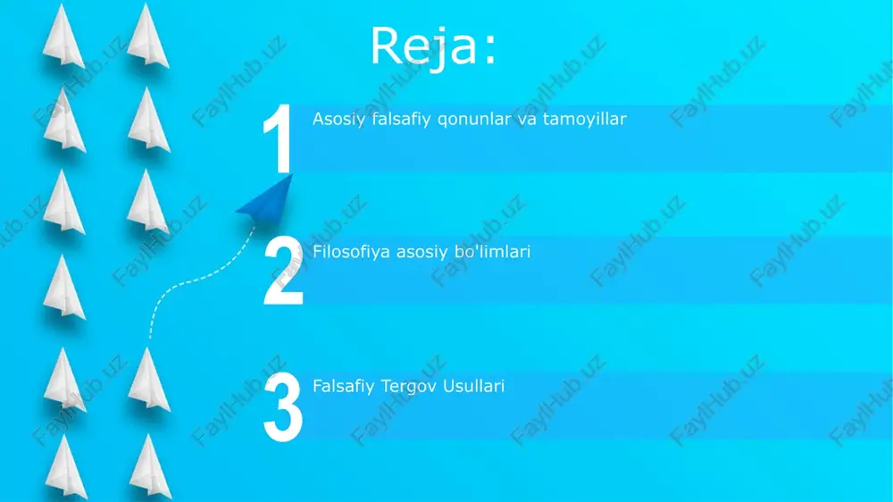 ar esa haqiqatning turli jihatlarini tushunish uchun ramka yaratadi. falsafa usullari tanqidiy tahlil, bahslashuv va tushuncha aniqlashtirishni o'z ichiga oladi. mantiq qonunlari filosofiya toifalari: metafizika, epistemologiya, axloqshunoslik va estetika kabi falsafiy tadqiqotning asosiy yo'nalishlari. falsafa usullari: falsafiy savollarni o'rganish va tahlil qilish uchun ishlatiladigan usullar. 06 05 04 siyosiy falsafa: hukumatni o'rganish 01 02 adolat, kuch va ideal jamiyat haqidagi asosiy savollarni o'rganish. hukumatiy va uning tamoyillarini o'rganish. axloq: ahloq va qadriyatlar axloqiy usullar axloqiy muammolarni tahlil qilish, tushunish va tahlil qilishni o'z ichiga oladi. etika qonunlar, urf-odatlar va ijtimoiy normalarni ularning axloqiy oqibatlarini tushunish uchun tekshiradi. e'tiboringiz uchun rahmat @taqdimot_robot image5.jpg image6.jpg image7.jpg image8.jpg image9.jpg image10.jpg image11.jpg image12.jpg image13.jpg image14.jpg image15.jpg image16.jpg image1.jpeg image2.jpeg image3.jpeg image4.jpeg