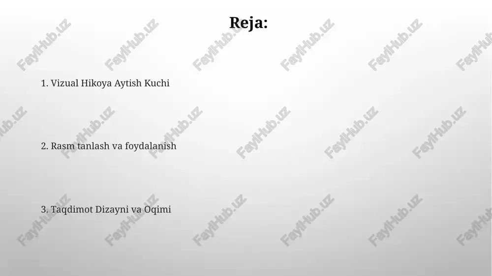 u jumladan ko'rish qobiliyati zaif bo'lganlarni ham hisobga oling. rasm-matn integratsiyasi rasmla tegishli, yuqori sifatli va jozibali boʻlishi kerak. rasm va videolar tushunishni va qiziqishni kuchaytiradi. slayd dizayni va tartibi tomoshabinlarning e'tiborini boshqarish uchun vizual ierarhiyadan foydalaning. nuqtalaringizni qo'llab-quvvatlash uchun yuqori sifatli, tegishli rasmlarni ishlating. rasm manbalari & mualliflik huquqi rasm manbalari & mualliflik huquqi: mualliflik huquqini buzmaslik uchun har doim manbalarni ko'rsating. bepul manbalarga unsplash, pexels va wikimedia commons kiradi. vizual tasvirlardan foydalanib taqdimot yaratish: ta'sirli va tegishli rasmlarni tanlang. uslub va sifat jihatidan bir xillikni ta'minlang. tushunishni va jalb qilishni yaxshilash uchun rasmlardan foydalaning. rasm tahrirlash va yaxshilash muhim jihatlar: sifatli rasmlarni tanlash, rasmlar huquqlarini ta'minlash va auditoriyangiz uchun rasmlardan to'g'ri foydalanish. vizual tasvirlar yordamida taqdimot yaratish: ma'lumotni tasvirlar orqali etkazish, vizual qiziqish qo'shish va taqdimotni yanada jozibador qilish. e'tiboringiz uchun rahmat @taqdimot_robot image3.png image4.jpg image5.jpg image6.jpg image7.jpg image8.jpg image9.jpg image10.jpg image11.jpg image12.jpg image13.jpg image14.jpg image15.jpg image1.png
