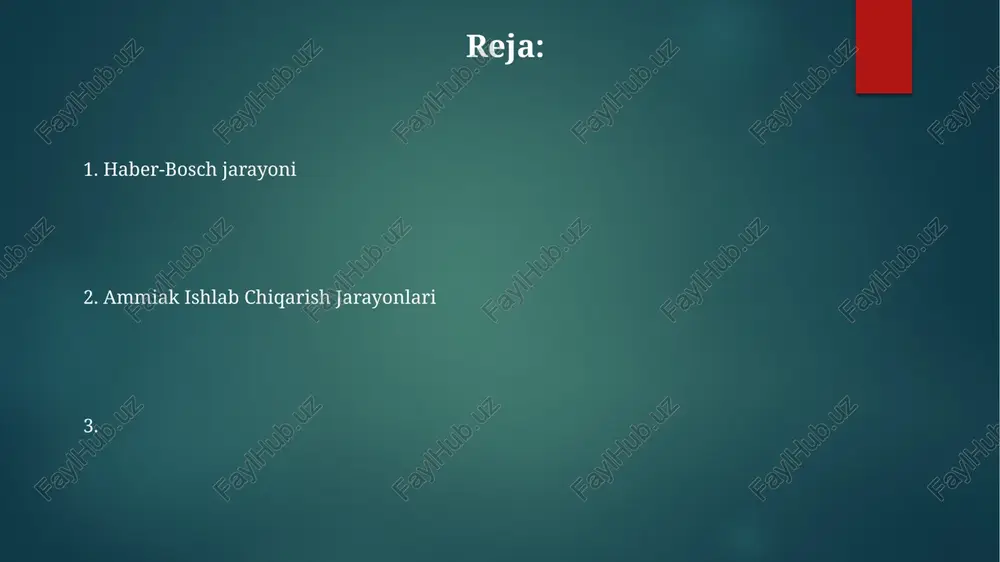 yordamida ammiak ishlab chiqarish muhim sanoat jarayoni bo'lib, ammiakni ishlab chiqarish uchun azot va vodorodning yuqori bosimli reaktsiyasini talab qiladi. ba'zi mikrorganizmlar, masalan, bakteriyalar, azot gazini ammiakka aylantiradigan biologik azot fiksatsiyasi sodir bo'ladi. atmosferadagi azot gazi ammiakka, organizmlar uchun foydalanish mumkin bo'lgan shaklga aylantirilishi azot fiksatsiyasi deb ataladi. haber-bosch jarayoni yuqori harorat, bosim va katalizator yordamida ammiak ishlab chiqarishning asosiy sanoat usuli hisoblanadi. past temperaturadagi plazma, fotokatalitic ammiak sintezi, biologik azot fiksatsiyasi bugʻli metan isloh qilish, elektroliz, biomassa gazlashtirish - haber-bosch jarayoni - energiya tejaydigan jarayonlar - yashil ammiak ishlab chiqarish ammiak ishlab chiqarish tarixi yangi texnologiyalar: biologik azot fiksatsiyasi va elektrokimyoviy ammiak sintez kabi muqobil usullar barqaror ishlab chiqarish uchun o'rganilmoqda. an'anaviy ishlab chiqarish: azot va vodoroddan foydalanib, haber-bosch jarayoni katta miqyosda ammiak ishlab chiqarishning asosiy usuli bo'lib qolmoqda. 18-asrda kashf etilgan ammiak ishlab chiqarish 20-asr boshida haber-bosch jarayoni bilan inqilob qildi. bug' reforming tabiiy gazni sintez gaziga, ya'ni …