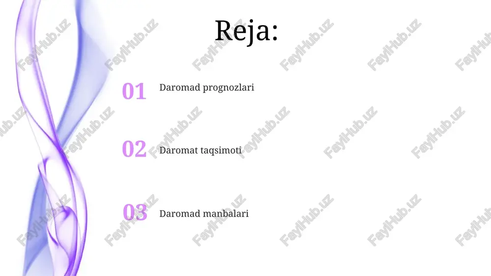 jet daromadlari hukumat faoliyatini va dasturlarini moliyalashtirish uchun zarur. qarz mablag'lari qarz mablag'lari va byudjet daromadlari moliyaviy rejaning umumiy muvozanatiga hissa qo'shadi. byudjet daromadlari hukumat dasturlari va xizmatlarini moliyalashtirish uchun ishlatiladigan daromad manbalari hisoblanadi. daromad manbalari daromad manbalari: sotuvlar, xizmatlar, investitsiyalar kabi turli xil faoliyatlardan olingan daromad. asosiy farq: daromad manbalari potentsial daromadni ifodalaydi, byudjet daromadlari esa xarajatlar uchun ajratilgan mablag'lardir. soliqsiz daromad soliqsiz daromadlar hukumatni moliyalashtirishga hissa qo'shadi va soliqlarga bog'liqlikni kamaytirishga yordam beradi. soliqdan tashqari daromadlar soliqdan tashqari manbalardan, masalan, to'lovlar, jarima va to'lovlardan olingan daromadlarni o'z ichiga oladi. grantlar va subsidiyalar 01 02 byudjet daromadlari hukumat yoki tashkilot tomonidan soliqlar, to'lovlar va sotuvlar kabi turli manbalardan olingan daromadni bildiradi. grantlar va subsidiyalar hukumatlar yoki tashkilotlar tomonidan shaxslar, bizneslar yoki boshqa birliklarga taqdim etiladigan moliyaviy yordam hisoblanadi. sales 1st qtr 2nd qtr 100 0 sales 1st qtr 2nd qtr 100 0 mol-mulk solig'i yer soliqlari mahalliy hukumatlar uchun …