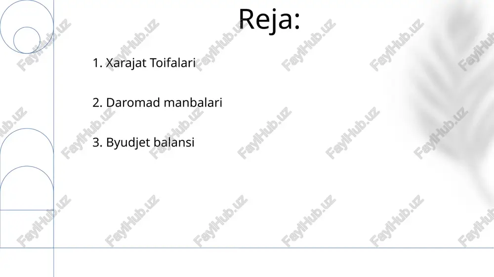 odimlarining ish haqi va maoshi) tovarlar va xizmatlar (ta'minot, materiallar va xizmatlarni sotib olish) 10. byudjetning iqtisodiy ta'siri investitsiya va iste'mol xarajatlari orqali iqtisodiy o'sishga ta'sir qiladi. infrastruktur loyihalari, ijtimoiy dasturlar va tadqiqotlarni moliyalashtirish orqali iqtisodiy faoliyatni rag'batlantiradi. 11.byudjet ajratish va ustuvorliklarni belgilash muhimlik va ehtiyojlarga qarab davlat dasturlari uchun mablag'larni taqsimlash. soliq to'lovchilar pulining samarali va samarador foydalanishini ta'minlash. 12.byudjet defitsit/profisiti byudjet defitsit: hukumat daromadidan ko'proq xarajat qiladi. byudjet ortiqchasi: hukumat xarajatlaridan ko'proq daromad to'playdi. e'tiboringiz uchun rahmat @taqdimot_robot image1.png image2.jpg image3.jpg image4.jpg image5.jpg image6.jpg image7.jpg image8.jpg image9.jpg image10.jpg image11.jpg image12.jpg image13.jpg