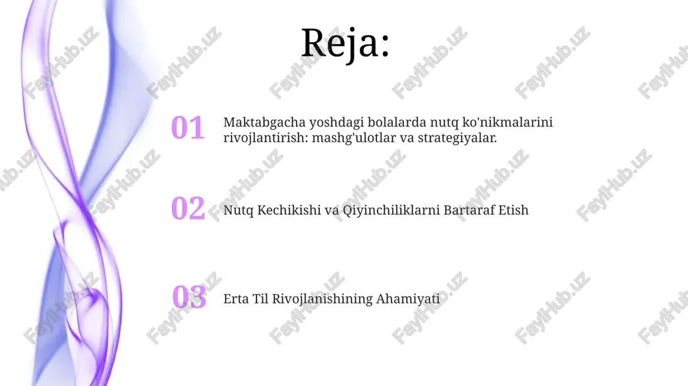 : suhbatda qatnashish, fikr va his-tuyg'ularni ifoda etish, ijtimoiy xulq-atvorni tushunish ko'nikmalarini rivojlantirish. tinglash, navbat bilan gapirish va turli ijtimoiy vaziyatlarda samarali muloqot qilishni o'rganish. lug'at boyicha ishlash bolalarni suhbatda yangi so'zlarni ishlatishga rag'batlantiring va til rivojlanishi uchun qo'llab-quvvatlovchi muhit yarating. kitoblar, qo'shiqlar va o'yinlar orqali keng so'z boyligini tanishtiring. fonetik ongni rivojlantirish so'zlar ichidagi tovushlarni aniqlash. so'z ichidagi tovushlarni ajratib olish va ularni boshqarish. nutq rivojlanishini qo'llab-quvvatlash strategiyalari ijobiy va qo'llab-quvvatlovchi muhitni shakllantiring: tadqiqotni rag'batlantiring va mashq qilish imkoniyatlarini yarating. boy bolalarga boy til tajribasini bering: o'qib bering, qo'shiq kuylashga o'rgating va suhbatlashing. erta nutq rivojlanishining ahamiyati. erta nutq rivojlanishi kognitiv, ijtimoiy va hissiy o'sish uchun juda muhimdir. nutq rivojlanishida kechikish kuzatilgan bolalar uchun ularning potentsialini maksimal darajada oshirish uchun erta aralashuv juda muhim. o'yinning nutq rivojlanishidagi roli 01 02 o'yin ijtimoiy muloqot, tasavvur va ramziy tasvir orqali til ko'nikmalarini rivojlantiradi. maktabgacha yoshdagi bolalarning nutq rivojlanish vazifalari lug'at boyligini …