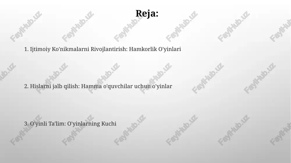 y o'yin: bolalarni to'qimalar, tovushlar va hidlar orqali jalb qilish. dramatik o'yin: rol o'ynash va hikoya aytib berish orqali tasavvur va ijtimoiy ko'nikmalarni rivojlantirish. darslikka o'yinlarni kiritish o'yinlar hisoblash, ranglar va shakllar kabi turli xil akademik tushunchalarni o'rgatish uchun ishlatilishi mumkin. o'yinlar ijtimoiy ko'nikmalar, muammolarni hal qilish va til rivojiga yordam beradi. til o'yinlari bolalarga ranglar, shakllar va sonlar kabi tushunchalarni o'yinli tarzda o'rganish imkonini beradigan slaydlar. til o'yinlari lug'at boyligini, tinglash qobiliyatini va muloqotni yaxshilaydi. motor ko'nikmalar o'yinlari qo'l-ko'z muvofiqlashuvini, muvozanatni va fazoviy xabardorlikni rivojlantiring. ijtimoiy aloqalarni, jamoa ishlarini va muammolarni hal qilish ko'nikmalarini rivojlantirish. musiqa va harakat o'yinlari slaydlar va boshqa o'yin maydonchalari bolalarning katta muskul rivojlanishi va xayolparast o'yin uchun imkoniyatlar yaratadi. musiqa va harakat o'yinlari jismoniy muvofiqlashtirish va motor ko'nikmalarini yaxshilaydi. ijtimoiy-hissiy o'yinlar hamkorlik, muloqot va muammolarni hal qilishni rag'batlantiring. tasavvur o'yini va o'zini ifoda etish imkoniyatlarini yarating. o'qituvchining o'yin davomida roli. o'yinni osonlashtirish: o'qituvchilar bolalarning …