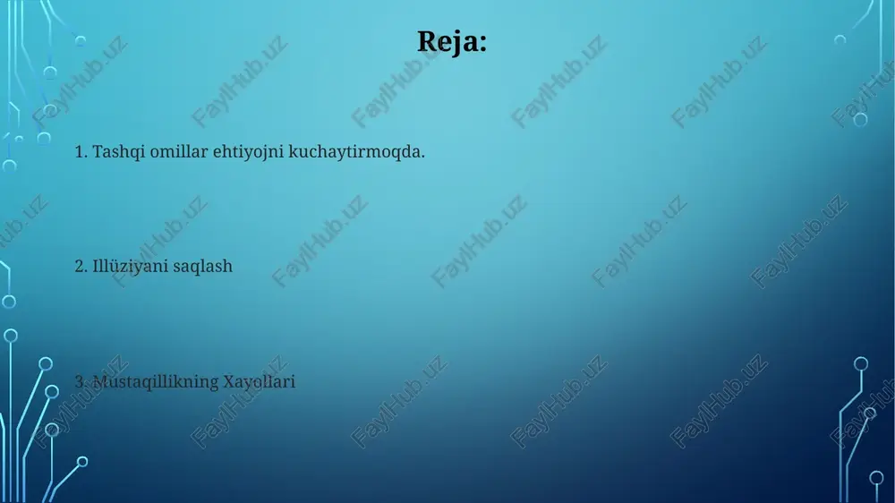 imizga ta'sir qilishi mumkin. tashqi omillarning ta'sirini tan olish bizga yanada ma'lumotli qarorlar qabul qilish va keraksiz ravishda boshqalarga bog'liq bo'lishdan saqlanish imkonini beradi. shoshilinch holat yoki inqiroz hissi yaratib, manipulyatorning yordamiga muhtoj bo'lishga majbur qilish. maqsadni qo'llab-quvvatlash tarmoqlaridan ajratish. bu maqsadga boshqalardan ob'ektiv fikr-mulohaza yoki yordam olishni qiyinlashtiradi. ekspluatatsiya va hokimiyat dinamikasi tashqi sharoitlar ehtiyojni sezishni yaratish uchun boshqarilishi mumkin. kuchlarning nomutanosibligi ekspluatatsiya uchun imkoniyatlar yaratadi. madaniy e'tiqod va qadriyatlar iqtisodiy tengsizlik va resurslarga kirish imkoniyatlarining farqi alohida yordamga ehtiyoj bor degan xayolda qoldirishi mumkin. madaniy e'tiqodlar va qadriyatlar o'zini o'zi ta'minlash va tashqi yordamga bo'lgan qarashlarni ta'sir qilishi mumkin. ehtiyoj illyuziyasi ijtimoiy bosim yoki ommaviy axborot vositalarining manipulyatsiyasi kabi tashqi omillar ehtiyoj illyuziyasini yaratishi mumkin. bu illyuziyalar foyda, manipulyatsiya yoki shaxsiy manfaat uchun ishlatilishi mumkin. e'tiboringiz uchun rahmat @taqdimot_robot image3.jpg image4.jpg image5.jpg image6.jpg image7.jpg image8.jpg image9.jpg image10.jpg image11.jpg image12.jpg image13.jpg image14.jpg image2.png