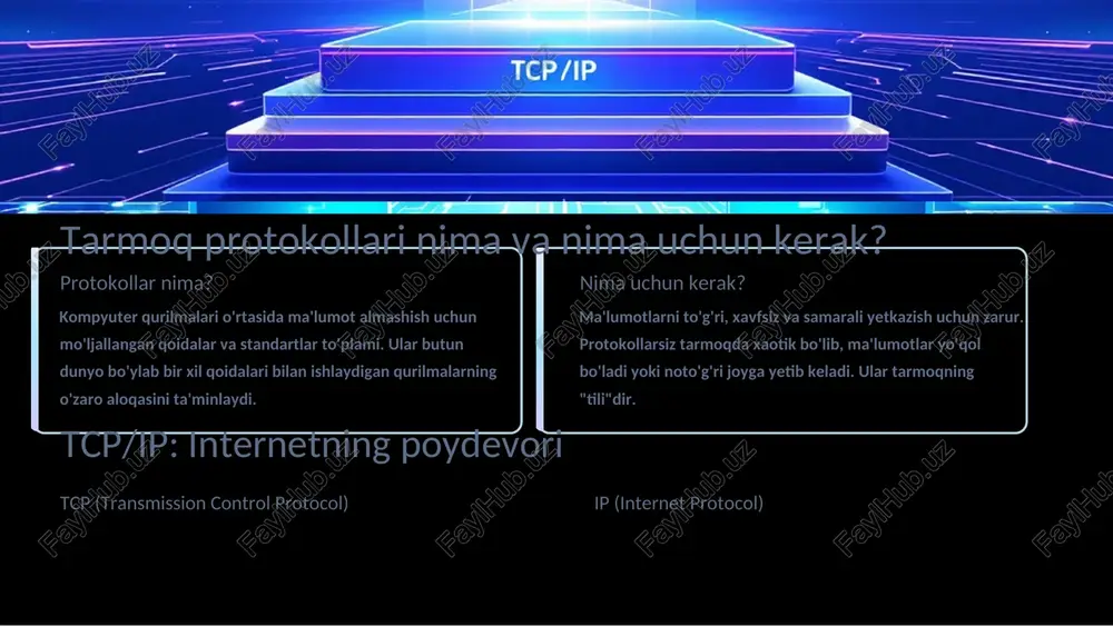 ernetning "telefon direktoryasi" noma'lumlarni ip manzillarga aylantirish www.example.com kabi yo'qaridan o'qinadigan domen nomlarini 192.168.1.1 kabi kompyuter tushunadigan ip manzillarga o'giradi. internetga kirishni osonlashtiradi siz domen nomini kiritsangiz, dns avtomatik to'g'ri serverga yo'llantirib turadi. odam raqamlar o'rniga nom eslab tursa osonroq. dhcp: avtomatik ip manzil taqsimlash tarmoqqa yangi qurilma ulansa, dhcp avtomatik ravishda unga ip manzil beradi. shuning uchun vay-fiyga ulanganda yoki kabel orqali ulanganda hech qanday raqam kiritmasiz internettga kirish mumkin. 01 qurilma tarmoqqa ulanadi 02 dhcp serveriga so'rov yuboradi 03 server ip manzil bilan javob beradi 04 qurilma internettga ulanadi smtp, imap va pop3: elektron pochta protokollari smtp imap xatlarni yuborish uchun ishlatiladi. xatlarni qabul qilish va serverda yashilbir.com@gmail.com saqlash. bir nechta qurilmadan bir shaxsdan bezhxon.uz@mail.com xil xatlarni ko'rish mumkin. ga xat yuborish smtp orqali amalga oshadi. pop3 xatlarni qabul qilish va mahalliy qurilmaga saqlash. imap dan farqli ravishda, xatlar serverda o'chirilib ketadi. elektron pochta xizmatlari (gmail, outlook) ushbu …