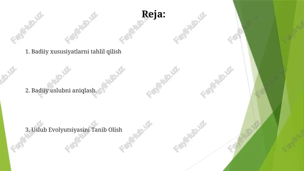palitrasi, kompozitsiya va mavzu kabi aniq vizual xususiyatlar, umumiy uslubga hissa qo'shadi. o'rta va materiallar: rasmlarni yaratishda ishlatilgan aniq materiallar, masalan, bo'yoq, loy, marmar yoki raqamli dasturlar. **mazmun va mavzu** jasur ranglar, ifodali cho'tkalar zarblari va mavzuning xom his-tuyg'ularini ushlashga e'tibor qaratilgan. mazmun va mavzu: inson hayoti, ko'pincha sevgi, yo'qotish, shaxs va vaqt o'tishi kabi mavzularga e'tibor qaratadi. tuzilishi va dizayni xususiyatlari: rang palitrasi, cho'tka zarblari va mavzu kabi o'ziga xos xususiyatlar. kompozitsiya va dizayn: elementlarning joylashuvi, muvozanat va vizual oqim. rang va yorug'lik badiiy uslublar o'ziga xos texnikalar, materiallar, mavzu va estetik tamoyillar bilan ajralib turadi. har bir uslub o'ziga xos xususiyatlarga, masalan, cho'tka zarblari, kompozitsiya va ranglardan foydalanishga ega. zamonaviy qo'llanmalar shaxsiyatga urg'u, hunarmandchilikdan ko'ra tushuncha va zamonaviy muammolar bilan shug'ullanish. badiiy uslub: tajriba, aralash media va an'anaviy shakllarni rad etish bilan tavsiflanadi. tarixiy kontekst tarixiy kontekst: yaratilish vaqti va joyi, shu jumladan ijtimoiy, siyosiy va madaniy ta'sirlar. …