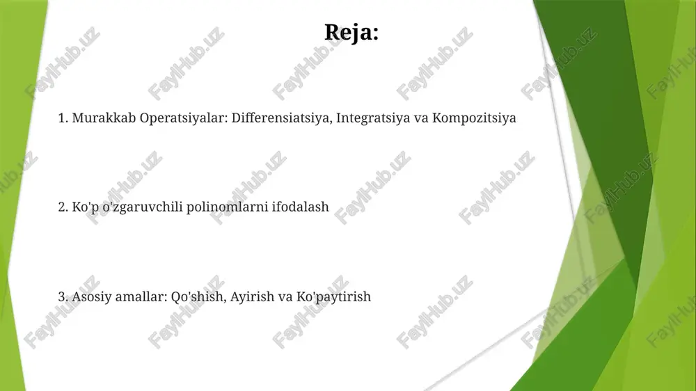 kichik musbat bo'luvchisi. ko'p o'zgaruvchan polinomlar ustida amal qilish deganda, bir nechta o'zgaruvchiga ega bo'lgan polinomlarni qo'shish, ayirish, ko'paytirish va bo'lish tushuniladi. bo'linish ko'p o'zgaruvchan polinomlarni bo'lish - bu bir polinomni ikkinchisiga bo'lishni o'z ichiga oladi, natijada ko'paytma va qoldiq hosil bo'ladi. ko'p o'zgaruvchan polinomlar ustida amal qilish, qo'shish, ayirish, ko'paytirish va bo'lishni o'z ichiga oladi. bu operatsiyalar har bir o'zgaruvchini mustaqil a'zo sifatida qabul qilib, komponentlar bo'yicha bajariladi. boshqa sohalarda qo'llanilishi statistika va mashina o'rganish: ko'p o'zgaruvchili polinomlar o'zgaruvchilar orasidagi murakkab munosabatlarni modellashda ishlatiladi, regressiya tahlili, ma'lumotlarga moslashtirish va mashina o'rganish algoritmlarida qo'llaniladi. kompyuter algebra tizimlari: ko'p o'zgaruvchili polinomlar, tenglamalarni yechish, integrallash va soddalashtirish kabi vazifalar uchun ishlatiladigan ramziy hisoblashning asosiy qismidir. kodlash nazariyasi: chekli maydonlarda polinomlar xatolikni tuzatish kodlarida muhim rol o'ynaydi, bu esa ma'lumot uzatishdagi xatolarni aniqlash va tuzatishga imkon beradi. kompyuter algebradagi dasturlar simvolik integratsiya va differensiatsiya: murakkab integrallar va hosilalarni soddalashtirish, yopiq shakldagi yechimlarni topish. …