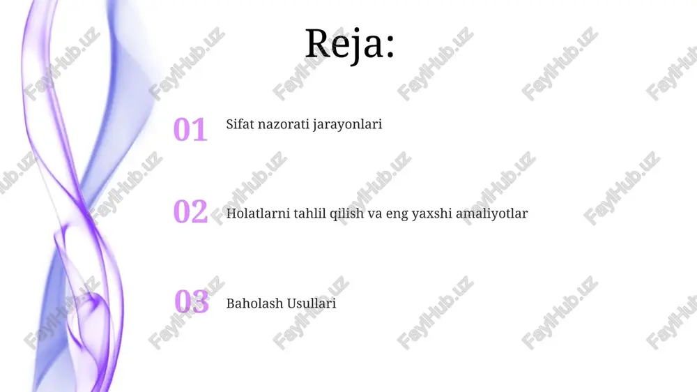 r va loyiha talablariga muvofiqlikni baholash. har bir bosqichda, nazorat va sinovlarni o'z ichiga olgan sifat nazorati choralarini amalga oshirish. yo'l qurilishida sifat nazoratining ahamiyati. yo'llar xavfsizligini va chidamliligini ta'minlaydi, avariyalarni va qimmat ta'mirlarni oldini oladi. yo'lning sifatini va uzoq umrini ta'minlovchi qoidalar va standartlarga mos keladi. loyiha byudjetini qayta ishlash va material chiqindilarini minimallashtirish orqali saqlab qoladi. hujjatlashtirish va yozuvlarni yuritish baholash: belgilangan standartlarga muvofiq loyiha samaradorligini baholash, yaxshilanish sohalarini aniqlash va doimiy o'rganishni qo'llab-quvvatlash. hujjatlashtirish va yozuvlarni yuritish: loyihaning qonunchilikka muvofiqligini ta'minlaydi, taraqqiyotni kuzatadi va kelajakdagi loyihalar uchun qimmatli ma'lumotlar beradi. sifat nazorati: materiallar, qurilish usullari va tayyor mahsulotlarning spetsifikatsiyalarga muvofiqligiga ishonch hosil qilish uchun choralar ko'radi. e'tiboringiz uchun rahmat @taqdimot_robot image1.jpeg image2.jpeg image3.jpeg