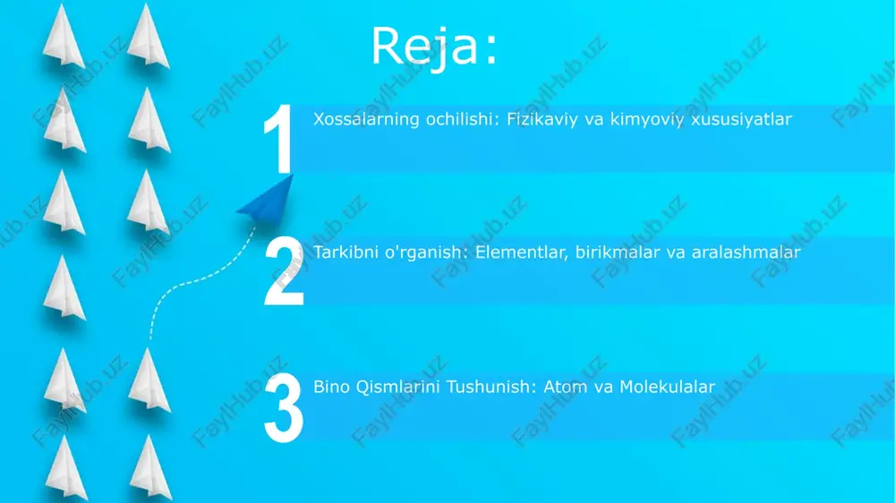 irishishini tavsiflaydi. modda holatlari modda holatlari moddaning jismoniy shaklini, masalan, qattiq, suyuq yoki gazni tavsiflaydi. moddalar xossalari, masalan, rangi, zichligi va erish nuqtasi, ularning tarkibi va tuzilishiga bog'liq. e'tiboringiz uchun rahmat @taqdimot_robot image5.jpg image6.jpg image7.jpg image8.jpg image9.jpg image10.jpg image11.jpg image12.jpg image13.jpg image1.jpeg image2.jpeg image3.jpeg image4.jpeg