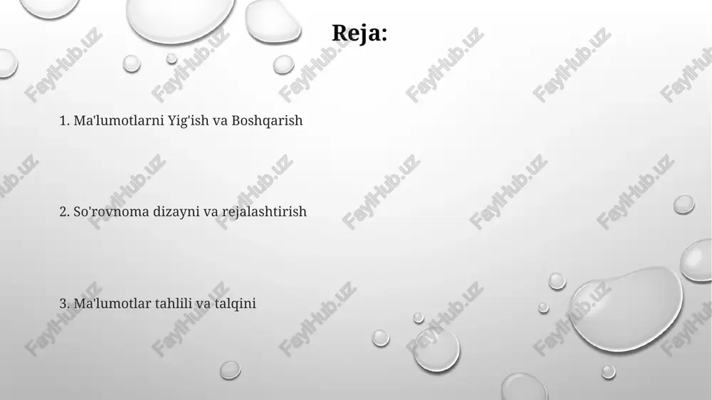 inlang. aniq, qisqa va tushunarli savollarning yozilishi, shuningdek, tarafkashlikdan qochish. samarali savol tuzish xolislikni saqlang: javoblarni ta'sir qilishdan saqlanish uchun savollarni neytral tarzda yozing. iltimos, menga qanday matnni tarjima qilishni xohlayotganingizni ayting. men sizga aniq va qisqa javob bilan yordam berishga tayyorman. tadqiqot maqsadlarini to'g'ridan-to'g'ri ko'rsatadigan savollarning dizaynini yarating. ma'lumotlar tahlili va talqini ma'lumotlarni tahlil qilish va talqin qilish: yig'ilgan ma'lumotlarni o'rganib, naqshlarni, tendentsiyalarni va tushunchalarni aniqlash. so'rov natijalarini tahlil qilish: javoblarni o'rganib, naqsh, tendentsiya va statistik jihatdan ahamiyatli bog'liqliklarni aniqlash. so'rovnomalar/anketa o'tkazish: ma'lum bir aholi guruhidan ma'lumot olish uchun tuzilgan savollar orqali ma'lumot to'plash. e'tiboringiz uchun rahmat @taqdimot_robot image1.png image2.png image3.png