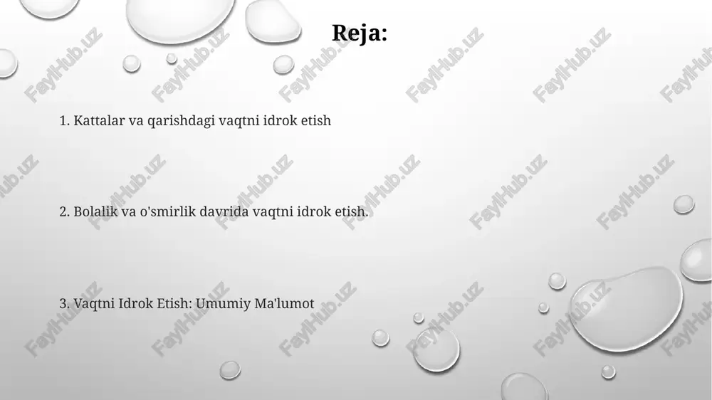 ganda sekinroq qabul qilishadi, bu farq yosh o'tishi bilan yanada kuchayadi. kattalar davrida vaqtni idrok etish yosh ulg'aygan sayin, ayniqsa keksalikda vaqtni idrok etish sekinlashadi. yosh kattalar vaqtni keksalarga qaraganda tezroq o'tayotganini his qiladi. vaqtni idrok etish kayfiyat, faollik darajasi va kognitiv funksiya kabi omillar ta'sirida bo'lishi mumkin. vaqtni anglash va qaror qabul qilish. vaqtni idrok etish qaror qabul qilishga ta'sir qilishi mumkin, chunki odamlar vaqt cheklangan deb his qilsa, impulsiv tanlovlar qilish ehtimoli ko'proq bo'ladi. vaqtni qabul qilish har bir inson uchun turlicha bo'ladi va yosh, e'tibor va hissiy holat kabi omillar ta'sir qilishi mumkin. biologik omillar gormonal o'zgarishlar: dopamin va kortizol kabi gormonlar vaqtni qabul qilishga ta'sir qiladi va ularning darajasi turli yosh guruhlarida o'zgaradi. hayot tajribasi: katta yoshli shaxslar kengroq tajribaga ega bo'lishi mumkin, bu esa ularni vaqtning tezroq o'tishini his qilishlariga olib kelishi mumkin. yosh o'tgan sari vaqtni idrok etishga mas'ul miya hujayralari sekinlashib, ichki soatimizga …