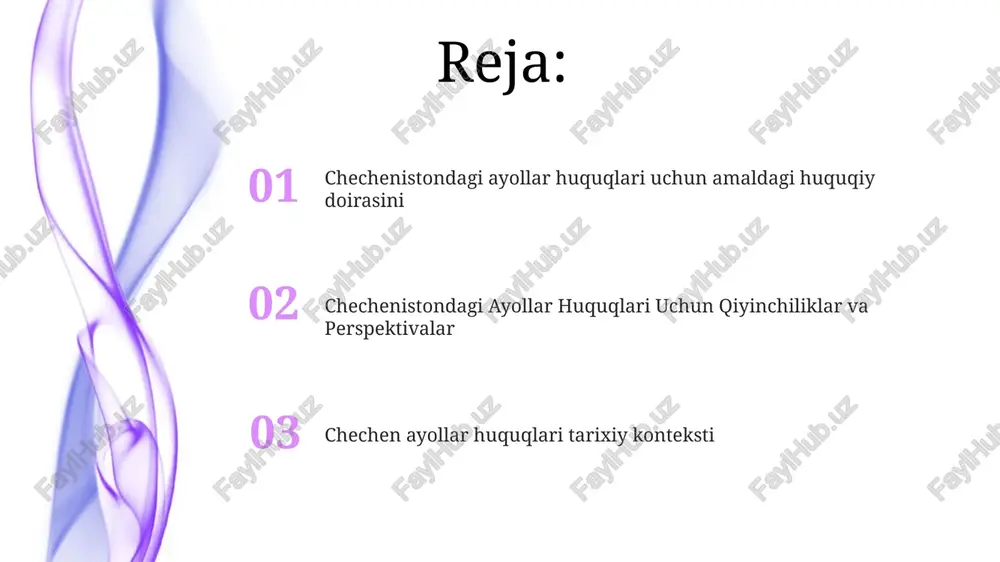 lashish imkoniyatlarining cheklanganligi harakatlanish va kiyinish erkinligiga cheklovlar oila boshlig'i ijtimoiy me'yorlar va jinsiy rollar ayollar mehnati va ta'limi chechniyada ayollar huquqlarini yaxshilash bo'yicha davom etayotgan harakatlar mavjud, jumladan, ta'lim va iqtisodiy imkoniyatlarni rivojlantirish. chechenistonda ayollar ishga joylashish va ta'lim olishda madaniy normalar va jamiyat kutilishidan kelib chiqqan qiyinchiliklarga duch kelmoqda. chechen qonunchiligi an'anaviy ravishda islom printsiplari ta'sirida bo'lib, ayollar huquqlarini turli xil talqin qilishni o'z ichiga oladi. chechen huquqi va jamiyati haqida kirish chechen huquqi islom shariatiga va an'anaviy urf-odatlarga asoslangan. chechen qonunchiligida ayollar huquqlari islom qonunlari va an'anaviy me'yorlarni talqin qilishga bog'liq. nikoh va talak nikoh va taloq islom qonunlari bilan tartibga solinadi. ajrashish murakkab jarayon bo'lib, erning roziligi va ko'pincha vositachilikni talab qiladi. chechen ayollarining huquqlari tarixiy konteksti tarixiy jihatdan, chechen ayollari iqtisodiy va ijtimoiy hayotda qatnashgan holda, sezilarli avtonomiyaga ega bo'lishgan. chechen qonunlari shariatga asoslangan bo'lib, ayollar huquqlarini meros, ajralish va kiyim-kechak kabi sohalarda cheklaydi. ba'zi …