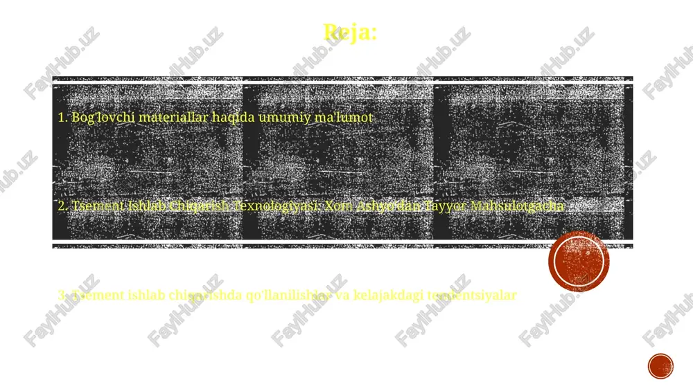 samaradorlikni oshirish va emissiyani kamaytirish yo'lida rivojlanmoqda. tsement ishlab chiqarish jarayoni tsement ishlab chiqarish jarayoni: xom ashyo maydalanadi, aralashtiriladi va klinkerdan hosil bo'lguncha qizdiriladi, keyin tsement hosil qilish uchun qo'shimchalar bilan maydalanadi. tsement ishlab chiqarish texnologiyasi: zamonaviy tsement ishlab chiqarishda kimyoviy reaktsiyalarni amalga oshirish uchun materiallarni yuqori haroratgacha qizdiradigan aylanma pechlar ishlatiladi. tsementning qo'llanilishi xom ashyo maydalash, pechda kuydirish, va tsement maydalash. portlend tsement, aralash tsementlar va maxsus tsementlar. tsement ishlab chiqarishning ekologik ta'siri bog'lovchi materiallar: tsement asosiy bog'lovchi material hisoblanadi, lekin ekologik ta'sirni kamaytirish uchun geopolymerlar va bio-asosli bog'lovchilar kabi alternativlar o'rganilmoqda. tsement ishlab chiqarishning ekologik ta'siri: yuqori co2 emissiyasi, katta energiya iste'moli va chang ifloslanishi asosiy muammolar hisoblanadi. tsement kimyosi bog'lovchi materiallar beton tarkibidagi qum va agregatlarni bir-biriga bog'lash uchun ishlatiladi. tsement kimyosi qattiqlashgan tsement xamiri hosil qiladigan kimyoviy reaktsiyalarni o'z ichiga oladi. tsement turlari xom ashyo tayyorlash, klinker ishlab chiqarish va maydalash. portlend, aralashtirilgan va maxsus tsementlar. …