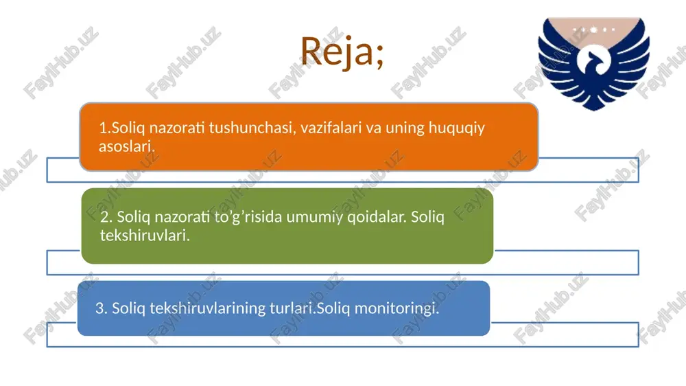 rt. soliq kodeksining v bo’lim, 17-bob, 135-moddasiga ko’ra. soliq nazorati bu - vakolatli organlarning soliq to’lovchilar va soliq agentlarini soliq qonunchiligiga rioya etilishi ustidan nazorati soliq nazorati hisoblanadi. soliq kodeksining 133-moddasiga muvofiq - soliq nazorati o’tkazishda quidagi organlar soliq organlari bilan hamkorlikda ishlashi va o’zlarining vakolatlari doirasidagi ma’lumotlarni soliq organlariga berishlari shart. 1. tadbirkorlik subyekti bo‘lgan yuridik va jismoniy shaxslarni davlat ro‘yxatidan o‘tkazishni amalga oshiruvchi organlar. 2. ichki ishlar organlari. 3.ko‘chmas mulkka bo‘lgan huquqni davlat ro‘yxatidan o‘tkazishni amalga oshiruvchi organlar. 4. suv resurslarini hisobga olishni amalga oshiruvchi organlar. 5. litsenziyalash, ruxsat berish va xabardor qilish tartib-taomillari sohasidagi vakolatli organlar berilgan. 6. tabiiy resurslardan foydalanuvchilarni hisobga olishni va (yoki) ularni ro‘yxatdan o‘tkazishni, shuningdek tabiiy resurslardan foydalanish bilan bog‘liq faoliyatni litsenziyalashni amalga oshiruvchi organlar. 7. chet el yuridik shaxslarining vakolatxonalarini akkreditatsiyadan o‘tkazishni amalga oshiruvchi organlar. 8. xalqaro tashkilotlarning hamda chet el notijorat nohukumat tashkilotlarining vakolatxonalari reyestrini yuritish vakolatiga ega bo‘lgan organ. 9. …