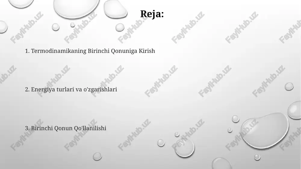o'tkaziladi yoki o'zgaradi. ichki energiyaning o'zgarishini ifodalovchi formula: δu = q - w, bu yerda δu ichki energiyaning o'zgarishi, q tizimga qo'shilgan issiqlik va w tizim tomonidan bajarilgan ish. issiqlik, ish va ichki energiya o'rtasidagi munosabatni ifodalovchi matematik ifoda. entalpiya ushbu formula quyidagicha ifodalanadi: δu = q + w, bu yerda δu ichki energiyaning o'zgarishi, q tizimga qo'shilgan issiqlik va w tizim tomonidan bajarilgan ishdir. termodinamikaning birinchi qonuni energiya yaratilmasligi yoki yo'q qilinmasligini, faqat uzatila yoki o'zgartirilishi mumkinligini aytadi. entalpiya tizimning umumiy energiyasi boʻlib, ichki energiya va bosim hamda hajm bilan bogʻliq energiyani oʻz ichiga oladi. ichki energiya ushbu formula δu = q - w shaklida ifodalanadi, bu yerda δu ichki energiyaning o'zgarishi, q tizimga qo'shilgan issiqlik va w tizim tomonidan bajarilgan ishni bildiradi. ichki energiya tizimning umumiy energiyasi bo'lib, unda molekulalarning kinetik va potentsial energiyalari kiradi. energiya yaratilmaydi yoki yo'q qilinmaydi, faqat o'tkaziladi yoki o'zgaradi. ish va issiqlik issiqlik …