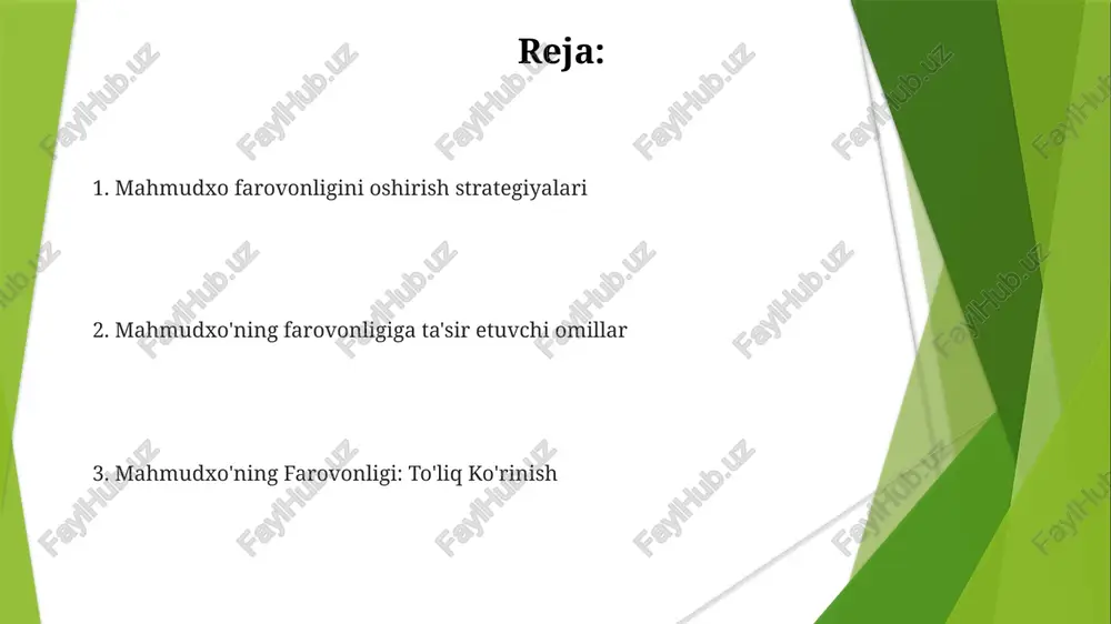 ichiga oladi. ruhiy salomatlik mahmudxo'ning ruhiy salomatligi murakkab masala bo'lib, u sezgirlik va hurmat talab qiladi. mahmudxo'ni ham o'z ichiga olgan barcha odamlar uchun ruhiy salomatlikni ustuvor qilish juda muhim. ruhiy salomatlik umumiy farovonlikning muhim jihati hisoblanadi. atrof-muhit omillari havo sifati va ifloslanish darajasi. toza suv va sanitariya xizmatlariga kirish. yashil maydonlar va tabiatning mavjudligi. jismoniy sog'liq ikki tomon bir-biriga bog'liq: jismoniy sog'liq umumiy farovonlik uchun muhim, va aksincha. mahmudxo'ning farovonligi: jismoniy, ruhiy va ijtimoiy jihatlarni o'z ichiga olgan umumiy salomatlikni anglatadi. jismoniy salomatlik: tananing holati va uning funktsiyalarini bildiradi. ish-hayot muvozanati ish va hayot o'rtasidagi muvozanat mahmudxo'ga ikkala sohada ham gullab-yashnashga imkon beradi, bu esa baxt va qoniqishni kuchaytiradi. mahmudxo'ning farovonligi ish va shaxsiy hayot muvozanatiga bevosita bog'liq bo'lib, uning jismoniy, ruhiy va hissiy sog'lig'iga ta'sir qiladi. ish-hayot muvozanati umumiy farovonlik uchun muhim boʻlib, u professional va shaxsiy majburiyatlarning sogʻlom uygʻunligini oʻz ichiga oladi. ruhiy farovonlik yaxshilikning ahamiyati: ham …