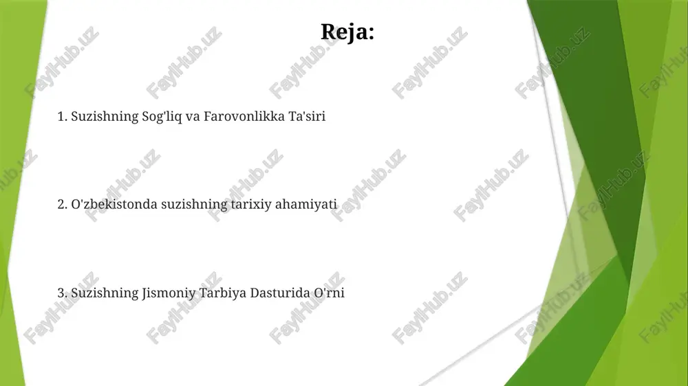 emas va boshqa sport turlariga nisbatan kam e'tibor qaratiladi. milliy suzish dasturlari va tashabbuslari o'zbekistonda to'liq milliy suzish dasturi yo'q. jismoniy tarbiya dasturida suzish ustuvor yo‘nalish sifatida ko‘rilmaydi, bu esa mashg‘ulot va ishtirok etish imkoniyatlarini cheklaydi. cheklangan infratuzilma, murabbiylik tajribasi va moliyaviy resurslar o'zbekistonda suzishni sport turi sifatida rivojlanishiga to'sqinlik qiladi. bolalar va o'smirlar uchun suzishning foydalari. yurak-qon tomir salomatligini, mushak kuchini va muvofiqlashtirishni yaxshilaydi. ijtimoiy aloqa va jamoa ishi ko'nikmalarini yaxshilaydi. suzish oʻzbekistonning jismoniy tarbiya dasturida asosiy qism boʻlib, jismoniy sogʻlomlikni va suv sporti koʻnikmalarini rivojlantiradi. suzishni rivojlantirishdagi qiyinchiliklar va imkoniyatlar suzishni dam olish va sport turi sifatida targ'ib qilish. sifatli imkoniyatlar va murabbiylarga cheklangan kirish. maktab jismoniy tarbiya dasturiga suzishni kiritish e'tiboringiz uchun rahmat @taqdimot_robot