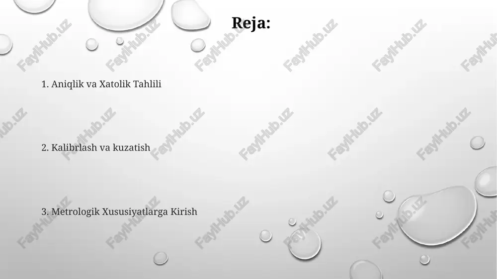 hlarini belgilaydi. izlanish natijalari o'lchovlarni milliy yoki xalqaro standartlarga bog'laydi, bu esa izchillikni ta'minlaydi. kalibrlash asbobni ma'lum standart bilan solishtirish orqali aniq o'lchovni ta'minlaydi. metrologiya ga kirish metrologiya asoslari: o'lchov fanini o'rganadi, bu esa o'lchovlarni aniqlash, o'lchov prinsiplari, usullari va texnikalari, ya'ni narsalarning o'lchamlari, shakli va boshqa xususiyatlarini aniqlash. elektr o'lchov asboblari: voltaj, tok, qarshilik, quvvat, chastota va impedans kabi turli elektr miqdorlarini o'lchash uchun ishlatiladigan qurilmalar. ular elektromagnit, elektrostatik, termal va raqamli texnologiyalar kabi turli xil printsiplarni qo'llaydi. elektrik o'lchash asbobining ishlashini aniqlaydigan muhim parametrlar: aniqlik, aniqlik, o'lchov qadami, sezuvchanlik, chiziqlilik, gisterezis va surilish. javob vaqti va bandvidth elektr o'lchov asboblarining aniqligi, aniqligi va barqarorligini belgilaydigan xususiyatlar. chastotani diapazoni - asbobning aniq oʻlchash mumkin boʻlgan chastotani diapazoni. javob vaqti - o'lchov asbobining o'lchangan miqdordagi o'zgarishga reaksiya qilish vaqti. aniqlik va xatolik xato: haqiqiy qiymatdan og'ish, mutlaq yoki nisbiy ravishda ifodalangan. metrologik xususiyatlar: asbobning ishlashini tavsiflovchi xususiyatlar, jumladan, aniqlik, aniqlik, …