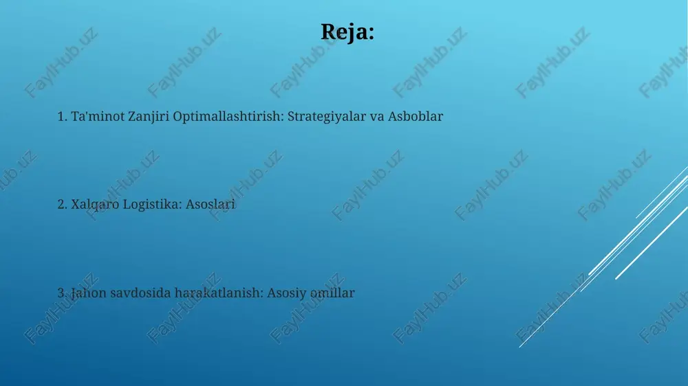 dan manzilga yetkazilishiga qadar bo'lgan butun jarayonni, shu jumladan tashish, omborlash va bojxona rasmiylashtiruvini o'z ichiga oladi. xalqaro logistika sohasidagi texnologiyalar real-vaqt kuzatish: gps, rfid va iot yuklarni doimiy ravishda kuzatish imkonini beradi, bu esa ko'rinishni va samaradorlikni yaxshilaydi. avtomatlashtirilgan jarayonlar: ai va robototexnika ombor, buyurtma bajarish va bojxona rasmiylashtiruvi kabi vazifalarni tezlashtirib va aniqlikni oshirib, samaradorlikni oshiradi. sug'urta va javobgarlik mas'uliyat beparvolik yoki baxtsiz hodisalar natijasida kelib chiqqan zararlarni qoplashadi. xalqaro logistika turli qonun-qoidalarni tushunishni talab qiladi. logistika xavflarini boshqarish ta'minot zanjirilaridagi potentsial uzilishlarni aniqlash va ularni bartaraf etish. xalqaro qoidalar va bojxona protseduralariga muvofiqlikni ta'minlash. ombor va tarqatish xalqaro logistika chegaralar bo'ylab butun ta'minot zanjiri boshqaruvini o'z ichiga oladi. tarqatish omborlardan mijozlarga tovarlarni yetkazib berishga yo'naltirilgan. xalqaro logistikasi umumiy ko'rinishi xalqaro logistika ustida ta'sir etuvchi asosiy omillar: globalizatsiya, ta'minot zanjiri murakkabligi, texnologiyalar taraqqiyoti va biznes hamda iste'molchilarning o'zgarib borayotgan ehtiyojlari. bu, transport, omborxona, bojxona rasmiylashtiruvi, hujjatlar va sug'urta …
