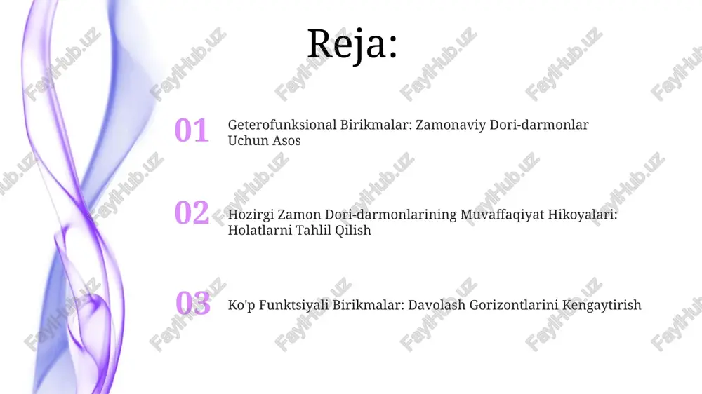 rni kamaytirish uchun murakkab kimyoviy tuzilmalarga ko'proq tayanmoqda. dori samaradorligini va tanlanganligini innovatsion geterofunktsional va polifunktsional birikmalar orqali oshirish. geterofunksiyali va polifunksiyali birikmalarga kirish bu birikmalar zamonaviy tibbiyotda juda muhimdir, chunki ular turli biologiya tizimlariga yo'naltirilgan turli dori-darmonlarning asosini tashkil qiladi. antibiotiklar, antiviral dorilar va saratonga qarshi dorilar kabi zamonaviy dori-darmonlar ko'pincha samaradorligi uchun getero va polifunktsional tuzilmalarni o'z ichiga oladi. dori yetkazib berish va farmakokinetika zamonaviy dorilar ko'pincha samaradorlikni oshirish va maqsadli ta'sir uchun bir nechta funktsional guruhlarga ega murakkab molekulalardan foydalanadilar. yaxshilangan farmakokinetik xususiyatlar, masalan, so'rilish, taqsimlanish, metabolizm va chiqarilish. maqsadga yo'naltirilgan kimyoviy xilma-xillikning oshishi. holatlarni tahlil qilish: muvaffaqiyatli hikoyalar va paydo bo'layotgan tendentsiyalar murakkab molekulalarga asoslangan muvaffaqiyatli dori ishlab chiqarishni ko'rsatuvchi holatlar. zamonaviy dori-darmonlarda getero- va polifunktsional birikmalar tobora ko'proq qo'llanilmoqda. aspirin (atsetilsalitsil kislotasi): karboksil kislota va ester funktsional guruhiga ega bo'lgan nsaid. e'tiboringiz uchun rahmat @taqdimot_robot image4.jpg image5.jpg image6.jpg image7.jpg image8.jpg image9.jpg image10.jpg image11.jpg image12.jpg image13.jpg …