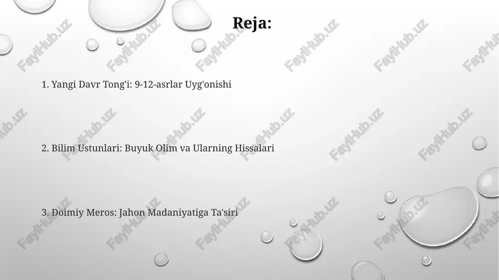 araqqiyotlar dunyoning intellektual manzarasini shakllantirdi. bu davrda dunyo tsivilizatsiyasiga katta hissa qo'shgan va bilim va insoniyat taraqqiyotiga uzoq muddatli ta'sir ko'rsatgan buyuk olimlar paydo bo'ldi. 9-12-asrlar turli hududlarda madaniy uyg'onish davri bo'lib, ilm-fan va tibbiyotda katta yutuqlarga erishildi. tarixiy kontekst: uyg'onishning urug'lari bu davrda al-xorazmiy va ibn sino kabi olimlarning muhim hissasi dunyoning intellektual manzarasini shakllantirdi. ularning, ayniqsa matematika, astronomiya va tibbiyot sohalaridagi hissasi ilmiy taraqqiyotga ta'sir ko'rsatdi va kelajakdagi rivojlanish uchun asos yaratdi. 9-12-asrlarda yevropada madaniy uyg'onish davri bo'lib o'tdi va keyinchalik uyg'onish davri uchun asos yaratdi. dunyo tsivilizatsiyasiga ta'siri ix-xii asrlarda islom dunyosida madaniy uyg'onish kuzatildi, bu davr intellektual taraqqiyot va badiiy yutuqlar bilan ajralib turdi. bu davrda matematik, tibbiyot, falsafa va astronomiya sohalarida inqilobiy oʻzgarishlar keltirgan al-xorazmiy, ibn sino va al-rozi kabi taʼsirli olimlar paydo boʻldi, ular dunyo sivilizatsiyasiga taʼsir koʻrsatdi. ularning ilmiy va ixtirolari turli sohalarda kelajakdagi taraqqiyotga yo'l ochdi va global bilim va madaniy rivojlanishda …