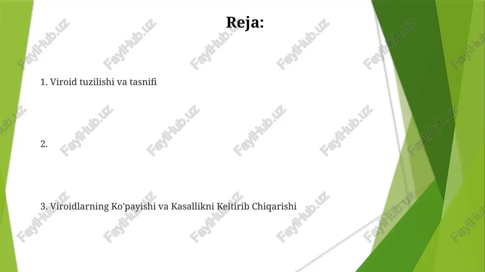 ib, qishloq xo'jaligida sezilarli iqtisodiy yo'qotishlarga olib keladi. alomatlar: o'sishning sekinlashuvi, barglarning rang o'zgarishi, mevalarning deformatsiyasi va o'simlikning o'limi. viroidlar: kichik, aylana shaklidagi, oqsil qobig'i yo'q, bitta ipli rnk molekulalari bo'lib, majburiy parazitlardir. viroidlarga qarshi kurash choralari viroidga qarshi kurash choralari: sertifikatlangan kasalliksiz ekish materiallari, sanitariya va vektorlarni nazorat qilish. viroidga qarshi kurash choralar: chidamli navlar, ekindilarni almashtirish va kasallangan o'simliklarni yo'q qilish. qishloq xo'jaligidagi viroidlar ular iqtisodiy jihatdan muhim, chunki ular katta hosil yo'qotishlariga olib kelishi mumkin. viroidlar genetik ma'lumotning qanday tarqalishini va ko'payishini tushunishimizga qarshi chiqqanligi sababli muhimdir. viroidlar o'simliklarda kasalliklar keltirib chiqaradigan kichik, yuqumli rna molekulalari. dunyo bo'ylab hosildorlik va sifatning pasayishi tufayli ekinlarga sezilarli zarar yetmoqda. viroidlarni nazorat qilish va ularga chidamlilik bo'yicha tadqiqotlar iqtisodiy barqarorlik uchun juda muhim. oziq-ovqat xavfsizligiga, savdoga va qishloq xo'jaligi sohalariga iqtisodiy ta'siri. hortikulturada viroidlar viroid infektsiyalari uchun davolash yo'q, shuning uchun yaxshi sanitariya va kasallikka chidamli o'simliklar ekish orqali profilaktika …