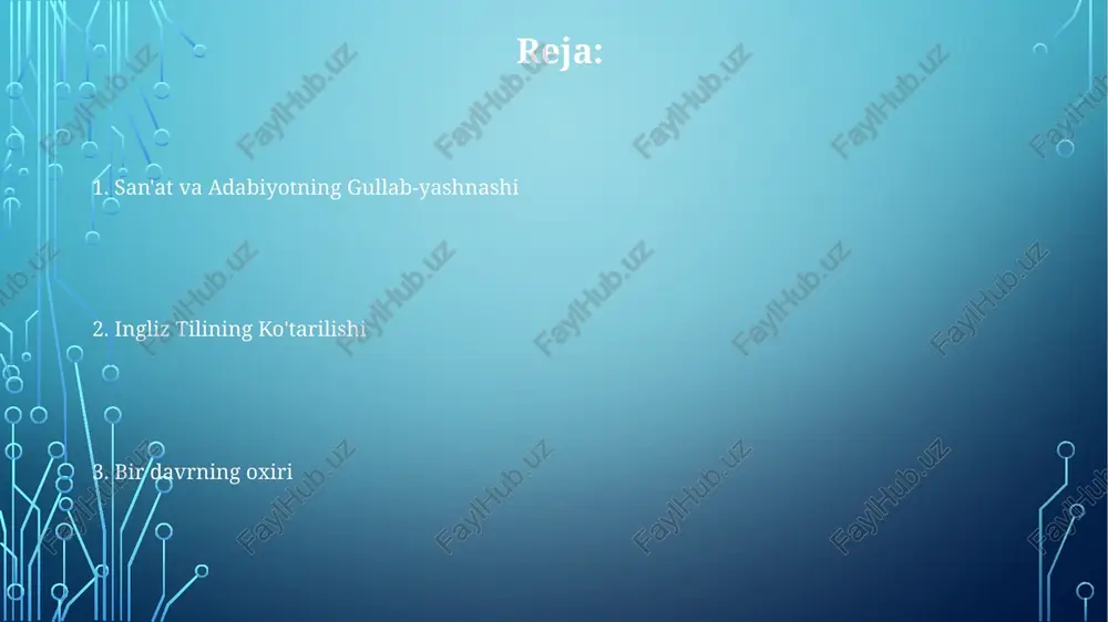 ezaklari va paradlar qo‘llanilgan. elisabet davri: oltin davr siyosiy barqarorlik, iqtisodiy taraqqiyot va kashfiyot bilan ajralib turadi. inglizistonda qirolicha yelizaveta i davrida bo'lib o'tgan muhim madaniy va badiiy gullab-yashnash davri. ingliz uyg'onishi, uilyam shekspir va kristofer marlou kabi taniqli shaxslar bilan bu davrda gullab-yashnagan. dunyo'dagi angliya o'rni yelizaveta i davrida angliya jahonning yirik kuchiga aylandi. ingliz uyg'onishi shekspir, marlou va boshqalar bilan gullab-yashnadi. yelizaveta i ning hukmronligi yillar davomida tartibsizliklardan keyin diniy va siyosiy barqarorlikni olib keldi. qirolicha yelizaveta i: ajoyib ma'horatli hukmdor qirolicha yelizaveta i 1558-1603 yillarda angliyada hukmronlik qilgan, bu davr ingliz uyg'onishi deb nomlangan. yelizaveta hukmronligi davrida angliya kashfiyot va harbiy muvaffaqiyatlar orqali dunyoning yirik kuchiga aylandi. u ustoz hukmdor edi, din va siyosat inqirozlarini muvaffaqiyatli boshqargan va san'at va madaniyatning oltin davrini yaratgan. ingliz tili va uning evolyutsiyasi. bu davrda drama, she'riyat va nasr gullab-yashnagan, bu ingliz adabiyoti tarixida muhim burilish nuqtasi bo'ldi. ingliz tili ingliz …