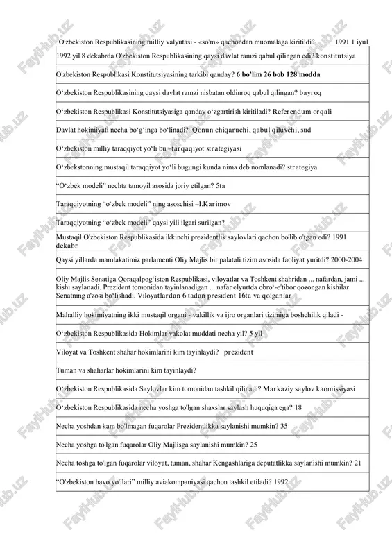 endum 1991 yil 18 noyabrda o'zbekiston respublikasining qaysi davlat ramzi qabul qilingan edi? bayroq o'zbekiston respublikasining milliy valyutasi - «so'm» qachondan muomalaga kiritildi? 1991 1 iyul 1992 yil 8 dekabrda o'zbekiston respublikasining qaysi davlat ramzi qabul qilingan edi? konstitutsiya o'zbekiston respublikasi konstitutsiyasining tarkibi qanday? 6 bo’lim 26 bob 128 modda o‘zbekiston respublikasining qaysi davlat ramzi nisbatan oldinroq qabul qilingan? bayroq o‘zbekiston respublikasi konstitutsiyasiga qanday o‘zgartirish kiritiladi? referendum orqali davlat hokimiyati necha bo‘g‘inga bo‘linadi? qonun chiqaruchi, qabul qiluvchi, sud o‘zbekiston milliy taraqqiyot yo‘li bu –tarqaqiyot strategiyasi o‘zbekstonning mustaqil taraqqiyot yo‘li bugungi kunda nima deb nomlanadi? strategiya “o‘zbek modeli” nechta tamoyil asosida joriy etilgan? 5ta taraqqiyotning “o‘zbek modeli” ning asoschisi –i.karimov taraqqiyotning “o‘zbek modeli” qaysi yili ilgari surilgan? mustaqil o'zbekiston respublikasida ikkinchi prezidentlik saylovlari qachon bo'lib o'tgan edi? 1991 dekabr qaysi yillarda mamlakatimiz parlamenti oliy majlis bir palatali tizim asosida faoliyat yuritdi? 2000-2004 oliy majlis senatiga qoraqalpog‘iston respublikasi, viloyatlar va toshkent shahridan …