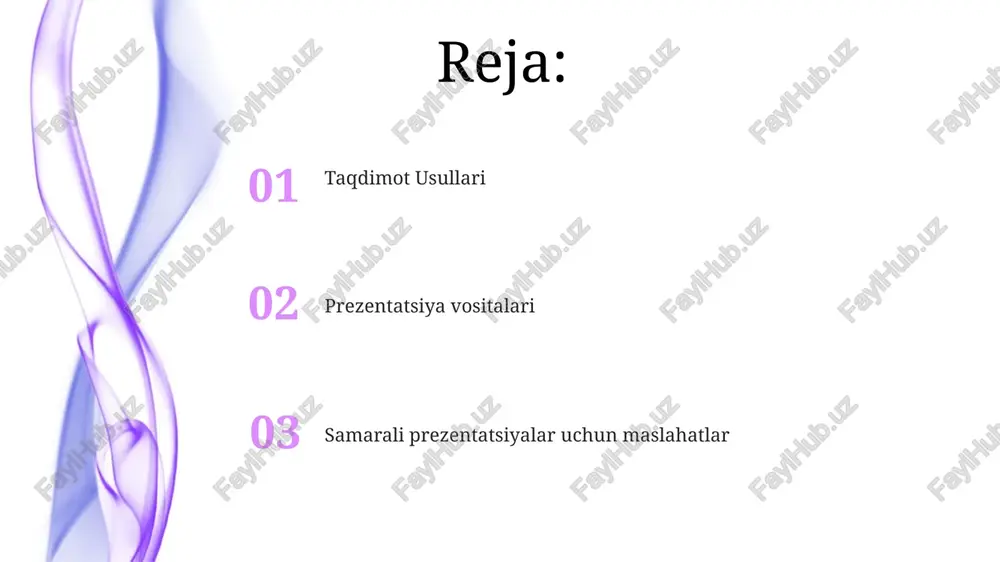 hikoya aytish, ma'lumotlarni vizualizatsiya qilish, interaktiv elementlar qiziqarli slaydlarni lo'xlatish interaktiv elementlar, hikoya aytish va tomoshabinlarni jalb qilish texnikasidan foydalaning. ta'sirli taqdimot uchun powerpoint, prezi yoki canva kabi vositalardan foydalaning. savol va fikrlarni boshqarish tasvirlar, hikoya va interaktiv elementlardan samarali muloqot uchun foydalaning. faol ishtirok eting, shubhalarni aniqlang va fikr-mulohazalarga konstruktiv ravishda munosabat bildiring. axloqiy jihatlar va eng yaxshi amaliyotlar 01 02 axloqiy jihatlar: adolat, maxfiylik va shaffoflik muhim ahamiyatga ega. slaydshoular, videolar, interaktiv platformalar va ma'lumotlarni vizualizatsiya qilish vositalari qimmatli. sales 1st qtr 2nd qtr 100 0 sales 1st qtr 2nd qtr 100 0 taqdimot muvaffaqiyatini o'lchash prezentatsiya vositalari: slayd-shou dasturlari, onlayn platformalar va prezentatsiya shablonlari. taqdimot muvaffaqiyatini o'lchash: tinglovchilarning jalb qilinishi, fikr-mulohazalarni to'plash va maqsadlarga erishish. e'tiboringiz uchun rahmat @taqdimot_robot image4.jpg image5.jpg image6.jpg image7.jpg image8.jpg image9.jpg image10.jpg image11.jpg image12.jpg image13.jpg image14.jpg image15.jpg image16.jpg image1.jpeg image2.jpeg image3.jpeg