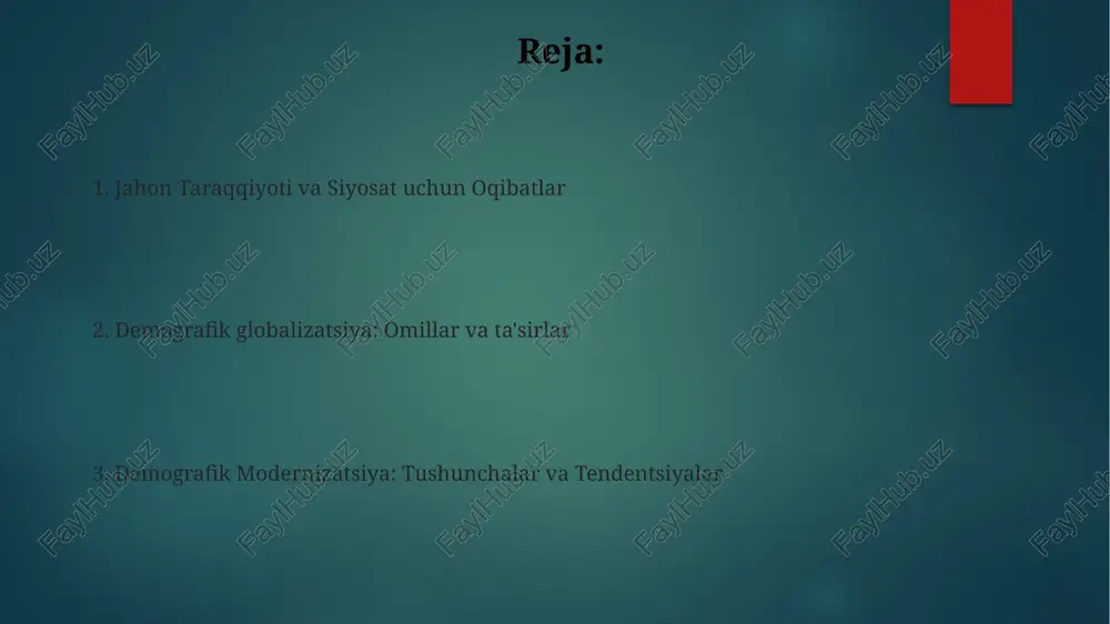 ik modernizatsiya, tug'ilish darajasining pasayishi, o'rtacha umr ko'rish davrining ortishi va yosh tuzilmasidagi o'zgarishlar kabi aholi tuzilmasidagi uzoq muddatli o'zgarishlarni anglatadi. demografik modernizatsiya va globalizatsiyaning kelajagi demografik modernizatsiya yuqori tug'ilish va o'lim ko'rsatkichlaridan past tug'ilish va o'lim ko'rsatkichlariga o'tishni anglatadi, odatda sanoatlashuv va shaharlashuv bilan bog'liq. demografik globalizatsiya millatlararo chegaralarni kesib o'tuvchi aholi o'rtasidagi o'sib borayotgan o'zaro bog'liqlikni anglatadi, bu migratsiya, kommunikatsiya va savdo orqali amalga oshiriladi. demografik o'zgarishlarni boshqarish bo'yicha siyosat ta'siri. immigratsiya va integratsiyani boshqarish uchun inklyuziv siyosatni targ'ib qiling. qariyb aholilarni qo'llab-quvvatlash uchun ta'lim va sog'liqni saqlashga investitsiya qiling. "holat tahlili: muayyan mintaqa yoki mamlakatda demografik modernizatsiya va globalizatsiya" demografik modernizatsiya: sog'liqni saqlash, ta'lim va iqtisodiy rivojlanish kabi omillar tufayli tug'ilish, o'lim va ko'chish darajalaridagi o'zgarishlar. demografik globalizatsiya: migratsiya, savdo va aloqa orqali aholining o'zaro bog'liqligi ortib borishi, madaniy almashinuv va demografik o'zgarishlarga olib keladi. demografik modernizatsiya va globalizatsiyaning qiyinchiliklari va imkoniyatlari qiyinchiliklar: qariyb aholi, ishchi kuchi …