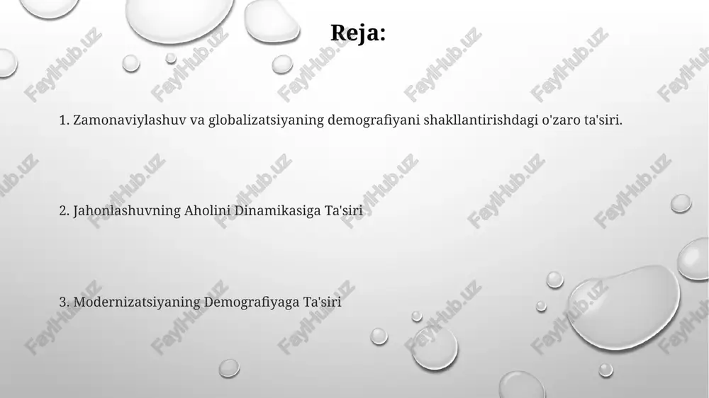 o'zgarishlarni tezlashtiradi. zamonaviylashtirish va globalizatsiya aholining notekis taqsimlanishiga hissa qo'shadi, bu esa resurslarni taqsimlash va ijtimoiy rivojlanishda qiyinchiliklarga olib keladi. modernizatsiya shaharlashuvga, tug'ilish darajasining pasayishiga va umr ko'rish davomiyligining oshishiga olib keladi. ta'lim, sog'liqni saqlash va demografik tendentsiyalar demografiya: aholining o'sishi, qarish aholisi, shaharlashuv, migratsiya oqimlari va oila tuzilmalarining o'zgarishi. ta'lim: savodxonlik darajasining oshishi, oliy ta'limga kirish imkoniyatlarining kengayishi, texnologiyalar tufayli talab qilinadigan ko'nikmalar o'zgarishi. sog'liqni saqlash: umr ko'rish davomiyligining oshishi, surunkali kasalliklarning ko'payishi, ixtisoslashgan tibbiy xizmatga bo'lgan talabning ortishi. oila tuzilmalari va tug'ilish darajalari o'zgarishi modernlashuv va globalizatsiya tufayli tug'ilish darajasi pasaymoqda, chunki oilalar kichik oilalarni afzal ko'rmoqda va ta'limga hamda martaba o'sishiga e'tibor qaratmoqda. globalizatsiya tufayli migratsiya va shaharlashuv tug'ilish ko'rsatkichlariga ta'sir qiladi, bu esa ham migrantlar jo'natgan, ham qabul qilgan mamlakatlarda demografik o'zgarishlarga olib keladi. oila tuzilmasidagi o'zgarishlar, masalan, yolg'iz ota-ona oilalarining ko'payishi va bir jinsli er-xotinlarning soni ko'payishi, tug'ilish darajasiga va jamiyat normalariga ta'sir ko'rsatmoqda. qariyb …