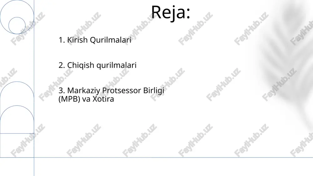 rilmalari periferik qurilmalar: printerlar, monitorlar va karnaylar kabi qo'shimcha funktsiyalarni ta'minlaydi. asosiy qurilmalar: kompyuterning ishlashi uchun zarur bo'lgan qismlar, shu jumladan protsessor (cpu), operativ xotira (ram) va saqlash qurilmasi. 10. sichqoncha asosiy qurilmalar: kompyuterning asosiy funksiyalarini ta'minlash uchun zarur bo'lgan qismlar, masalan, protsessor, operativ xotira va anakart. periferik qurilmalar: printer, monitor va klaviatura kabi kompyuterga ulanadigan qo'shimcha apparat qismlari. 11.chiqish qurilmalari chiqish qurilmalari kompyuter tomonidan qayta ishlangan ma'lumotlarni ko'rsatadi yoki taqdim etadi. asosiy qurilmalar, masalan monitor va klaviatura, kompyuterning asosiy funksiyalari uchun zarur. 12.skaner skaner - bu fizikaviy hujjatlarni raqamli tasvirlarga aylantiradigan tashqi qurilma. kompyuterning asosiy qurilmasi markaziy protsessor (cpu) boʻlib, u koʻrsatmalarni bajarish va maʼlumotlarni qayta ishlash bilan shugʻullanadi. 13.markaziy qayta ishlash birligi (mqib) markaziy protsessor qurilmasi (mpq) kompyuterning miyasi bo'lib, ko'rsatmalarni qayta ishlaydi va hisob-kitoblarni amalga oshiradi. klaviatura, sichqoncha, monitor, printer va skaner kabi qo'shimcha funksiyalarni oshiradigan qo'shimcha qismlarga periferik qurilmalar deyiladi. 14.xotira qurilmalari chekka qurilmalar: asosiy ishlarni …