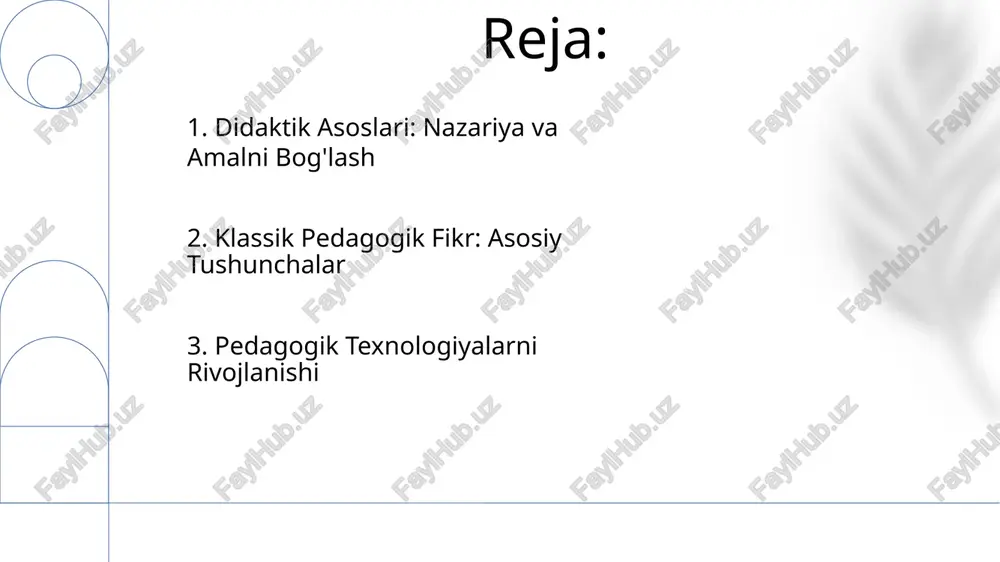 va yordamchi roli, talabaning o'rganishdagi faol ishtiroki va tuzilgan o'quv dasturining ahamiyati. sokratik suhbat, yodlash va asosiy bilimlarni o'zlashtirish. 8. klassík pedagogikaning merosı: zamonaviy ta'lim amaliyotlariga ta'siri trivium va quadrivium kabi klassik pedagogik texnologiyalar zamonaviy ta'limga tegishli bilim va ko'nikmalarni tashkil qilish va rivojlantirish uchun ramka yaratadi. an'anaviy pedagogikada fazilat, aql va bilim izlashga qaratilgan e'tibor zamonaviy ta'limda tanqidiy fikrlash va xarakter rivojlanishiga urg'u berilishiga ta'sir ko'rsatmoqda. 9. ma'rifat: aql, shaxsiyat va zamonaviy ta'limning ko'tarilishi klassik pedagogikaning didaktik asoslari ritorika, mantiq va grammatikadan iborat edi. klassık pedagoglar aql, fazilat va o'zini tarbiyalashga e'tibor qaratishgan. 10. fridrix fröbel: o'yin, ijodkorlik va bolalar bog'chasi harakati bolalar uchun o'yinchoqlar bilan o'rganish uchun mo'ljallangan tuzilgan muhit. ijodkorlik va o'zini ifoda etish ta'lim uchun muhimdir. 11.yoxann genrix pestalotsi: hissiy o'rganish va kuzatishning ahamiyati klassik pedagogikaning didaktik asoslari kuzatish, o'yin va bolaning o'rganishga bo'lgan tabiiy qiziqishining muhimligini o'z ichiga oladi. pestalozzi bolalar rivojlanishida hissiy o'rganish va …