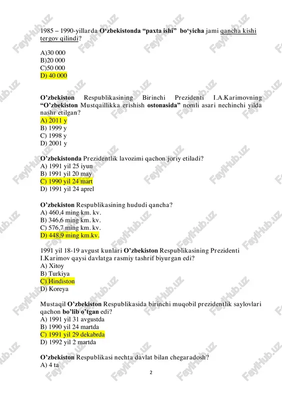 n bo’lib o’tgan edi? a) 1991 yil 31 avgustda b) 1990 yil 24 martda c) 1991 yil 29 dekabrda d) 1992 yil 2 martda o’zbekiston respublikasi nechta davlat bilan chegaradosh? a) 4 ta http://hozir.org/ikkinchi-jahon-urushidan-song-xalqaro-munosabatlar-reja.html http://hozir.org/ikkinchi-jahon-urushidan-song-xalqaro-munosabatlar-reja.html 3 b) 5 ta c) 6 ta d) 7 ta o’zbekistonda “o’zbek tiliga davlat tili maqomini berish to’g’risida”gi qonun qachon qabul qilingan edi? a) 1990 yil 20 iyunda b) 1991 yil 18 noyabrda c) 1989 yil 21 oktyabrda d) 1990 yil 24 martda moskvada harbiy to‘ntarishga urinish (favqulodda holat davlat komissiyasi) qachon sodir bo‘lgan edi? a) 1990- yil 19-21-noyabr kunlari b) 1990- yil 19-21-oktyabr kunlari c) 1991- yil 19-21-avgust kunlari d) 1991- yil 19-21-fevral kunlari 1992 yil 10 dekabrda o’zbekiston respublikasining qaysi davlat ramzi qabul qilingan edi? a) davlat gerbi b) davlat madhiyasi c) konstitutsiya d) davlat bayrog’i davlat va jamiyat hayotining eng muhim masalalari xalq muhokamasiga qo’yilishi qanday ataladi? a) umumxalq saylovi b) ombudsman …