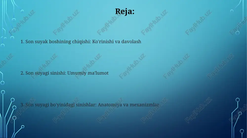 va og'riq, oyoq qisqarishi va harakatlanish cheklanishini keltirib chiqarishi mumkin. kattalar va bolalarda son suyak singanida: og'riq, shish, ko'karish va deformatsiya keng tarqalgan alomatlar. resurslar va qo'llab-quvvatlash femoral bo'yin sinishi: femoral boshni oyog'i bilan bog'laydigan tor qismda sodir bo'ladi, ko'pincha og'riq, shish va yurish qiyinlishuviga olib keladi. resurslar va yordam: sinish shubhasi bo'lsa, darhol tibbiy yordamga murojaat qiling. shifokoringizga yoki mahalliy tez yordam xonasiga murojaat qiling. femoral bosh suyagining joyidan chiqishi: sabablari femoral boshning joyidan chiqishi: femoral bosh (shar) son bo'g'im kosasidan (atsetabulum) chiqib ketadi. femur bo'yinidagi sinishlar: odatda travma natijasida yuzaga keladigan, femur bo'yinidagi sinishlar. son suyak bo'yni sinishi: davolash usullari kattalar va bolalarda son suyagi sinishi turli xil davolash usullarini talab qiladi, chunki suyakning pishishi va faollik darajasi hisobga olinadi. femur boshining chiqishi jiddiy jarohat bo'lib, darhol tibbiy yordam talab etadi va ko'pincha barqarorlikni tiklash uchun operatsiyani talab qiladi. son-suyak sinishlar epidemiologiyasi son suyak sinishlari keng tarqalgan, ayniqsa …