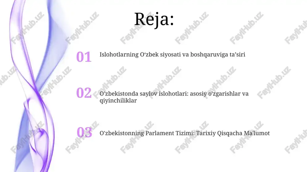 bilan tanishtirish. aralash saylov tizimini amalga oshirish, bu proporsional vakillik va ko'pchilik ovoz berishni birlashtiradi. xalqaro eng yaxshi amaliyotlar va taqqoslashlar xalqaro eng yaxshi amaliyotlar: oʻzbekiston saylov jarayonlarida shaffoflik, inklyuzivlik va saylovchilarni roʻyxatga olish kabi xalqaro eng yaxshi amaliyotlarni qabul qildi. parlament islohatlari: o'zbekiston parlamentida qonun chiqaruvchi rolini kuchaytirish va mustaqilligini oshirishni o'z ichiga olgan muhim islohatlar amalga oshirildi. jamoatchilik fikri va idrok o‘zbekistondagi parlament vakillik organiga aylanish yo‘lida va hokimiyatini kengaytirmoqda, ammo saylov tizimi adolat va shaffoflik jihatidan tanqid ostida qolmoqda. o'zbekistonda jamoatchilik fikri, ayniqsa siyosiy va saylov tizimlarida demokratik islohotlarni talab qilmoqda. o'zbekistondagi saylov tizimi islohatlari mamlakat aralash saylov tizimini qabul qildi, u proporsional vakillikni va ko'pchilik ovoz berishni birlashtiradi. saylov islohotlari saylovlarda shaffoflik, hisobdorlik va saylovchilarning ishtirokini oshirishga qaratilgan. o'zbekistonning parlament va saylov tizimlarining tarixiy konteksti sovetdan keyingi davrda ko‘p partiyali saylovlarga o‘tish kuzatildi, 1995 yilda birinchi parlament saylovi o‘tkazildi. oʻzbekistonning parlament tizimi sovet davrida yagona partiyali …