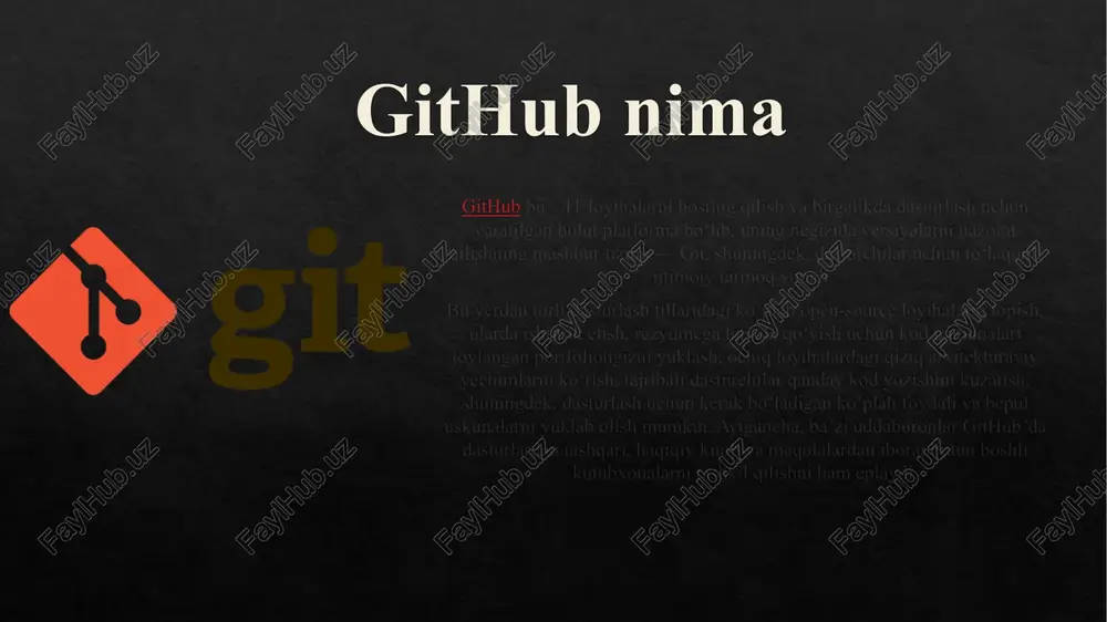 albatta, github hammaga ham kerak emas. agar siz dasturlashni endigina boshlagan boʻlsangiz va shaxsiy foydalanish maqsadida kichik loyiha bajarayotgan boʻlsangiz, loyihani lokal mashinada saqlash ham sizga toʻgʻri keladi. ehtimol, endigina oʻzingizga yoqqan dasturlash tilini oʻrganayotgandirsiz va hamma narsani birdan sinab koʻrishni istamassiz. birinchi navbatda github tez-tez yangilik kiritiladigan, versiyalari koʻp, fayllar soni katta, dasturlashni sinxronlashtirish va dasturni qulay yangilash talab qilinadigan loyihalar uchun kerak boʻladi. ammo bunda ham istisno holatlar bor – baʼzi linux yadrosining eng muhim dasturchilari hamon kod yangilanishlarini elektron pochta orqali fayl arxivlari shaklida almashadi. manba kodlarini saqlashning chindan ham koʻplab boshqa usullari bor: ular uchun “mening kompyuterim” boʻlimida papka yaratish, ularni bulutga yuklab, versiyalarni yozib qoʻyish, hatto telegram yoki vkontakteʼdagi “saqlangan xabarlar”da ham saqlash mumkin (biroz qiyin tuyulishi mumkin, ammo amalga oshirsa boʻladi). shuningdek, oʻzgarishlar roʻyxatini telefon yoki muzlatkichda qayd holida yoki yopiq telegram kanalda matn holida saqlash ham mumkin. loyihani dasturingiz fayllaridan iborat zip–arxivni yuklash …