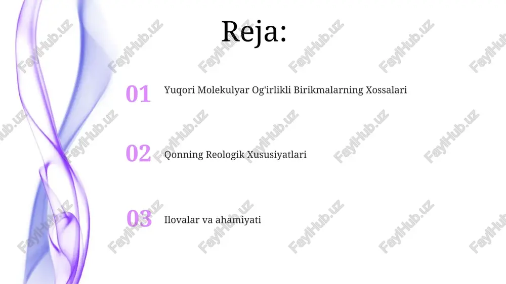 pishqoqlik va tomir o'lchamlari ta'sirida oqim xususiyatlarini o'rganadi. yuqori molekulyar og'irlikli birikmalar: eritmalar yuqori qovushqoqlik va osmotik bosimga ega. plazma oqsillari plazma oqsillari osmotik bosimni, transportni va immunitet himoyasiga hissa qo'shadi. yuqori molekulyar massali birikmalar eritmalari yuqori qovushqoqlik va past diffuziya tezligiga ega. qon qovushqoqligiga ta'sir etuvchi omillar yuqori molekulyar og'irlikdagi birikmalarning eritmalarining xususiyatlari: yuqori qovushqoqlik, nyuton bo'lmagan oqim xulqi va kontsentratsiya va haroratga kuchli bog'liqlik. qon qovushqoqligiga ta'sir etuvchi omillar: gematokrit, plazma oqsil kontsentratsiyasi, harorat va qizil qon tanachalarining deformatsiyalanish qobiliyati. yopishqoqlik viskozlik suyuqlikning oqishga qarshiligini o'lchovchidir. yuqori molekulyar og'irlikdagi birikmalar eritmaning yopishqoqligini sezilarli darajada oshirishi mumkin. qon reologiyasining klinik qo'llanilishi qonning reologik xossalari: qon oqimining xatti-harakatini tavsiflaydi, aylanishni tushunish uchun juda muhim. qon revmatizmining klinik qo'llanilishi: qon oqimini o'rganish, kasalliklarni tashxislash va davolash. molekulyar og'irlik ta'siri 01 02 yuqori molekulyar og'irlikli birikmalar nyuton bo'lmagan oqim kabi noyob reologik xususiyatlarga ega. qonning reologik xususiyatlari aylanish uchun juda muhim va …
